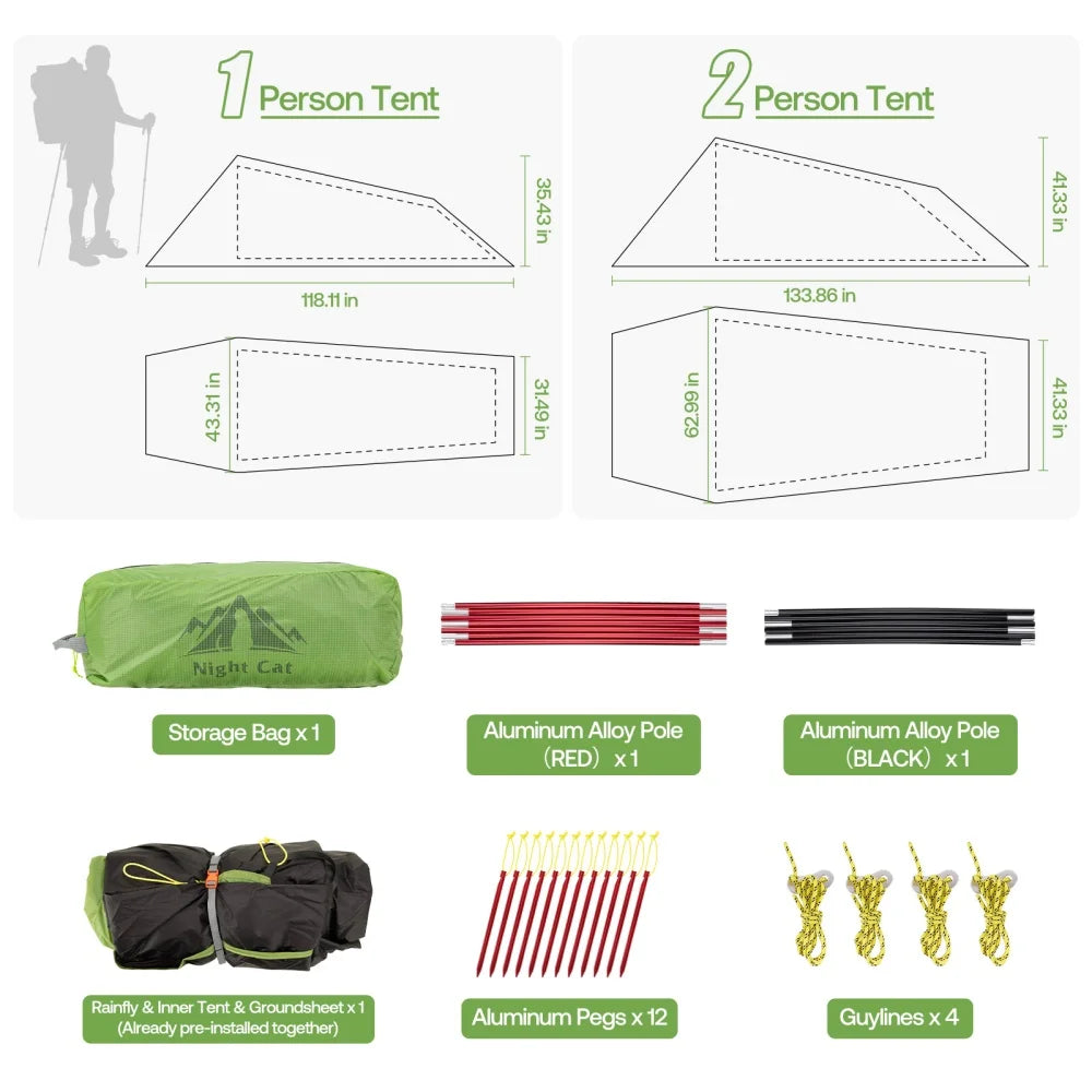 Night Cat Ultralight Tunnel Tent: Waterproof Backpacking Tent for Camping with Double Layers Aluminum Poles and Footprint