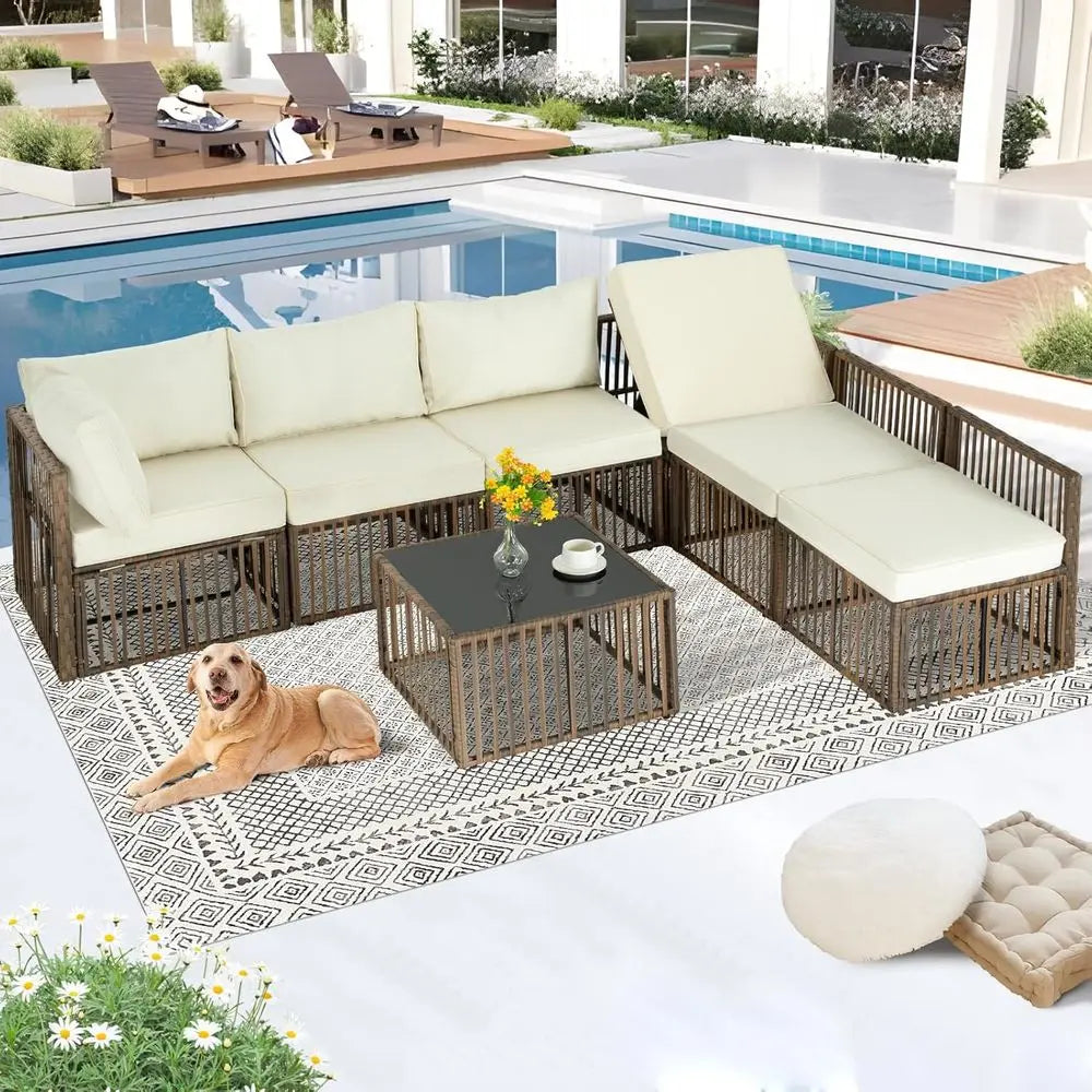 7-Piece Wicker Outdoor Patio Sectional Sofa Set with Cushions for Garden, Porch, Poolside - Brown/Beige