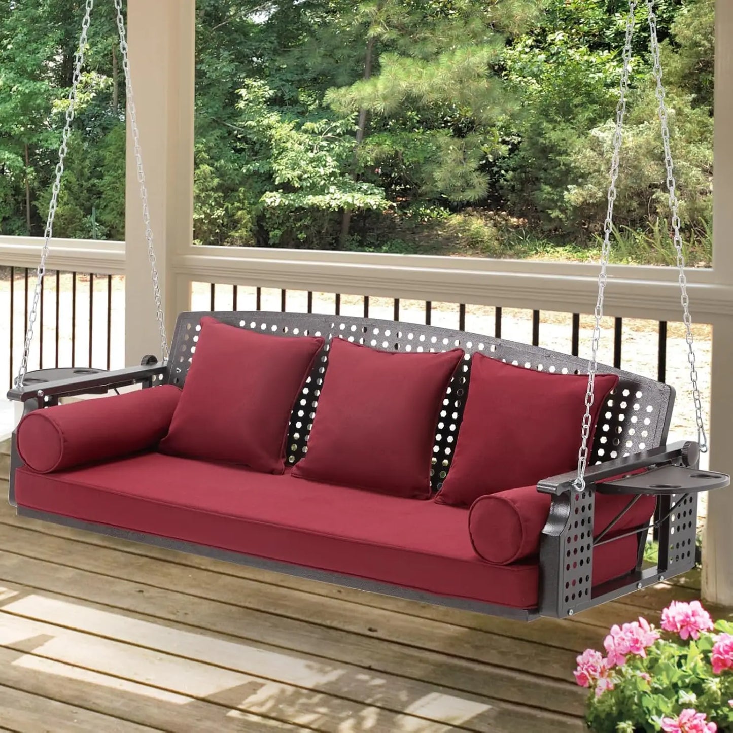 3 Seat Porch Swing, Patio Swing Bench with Cup Holders & 3 Back Cushions, Swing Chair with Chains for Deck Garden, Customized