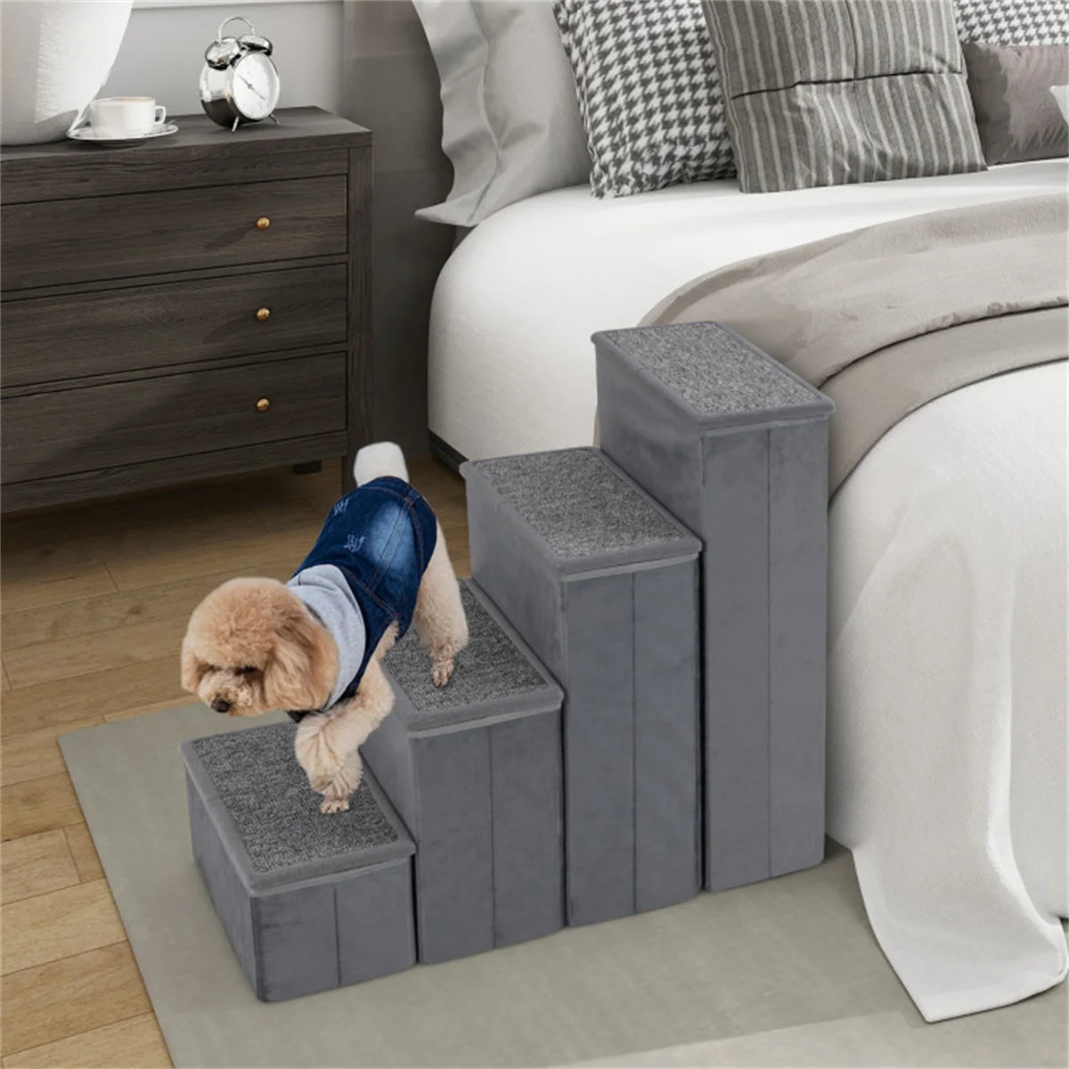 4-Step Dog Stairs with Storage - MDF Build (200 kg Capacity), Dutch Velvet Comfort, 15"x6.5" Steps + 6" Step Height