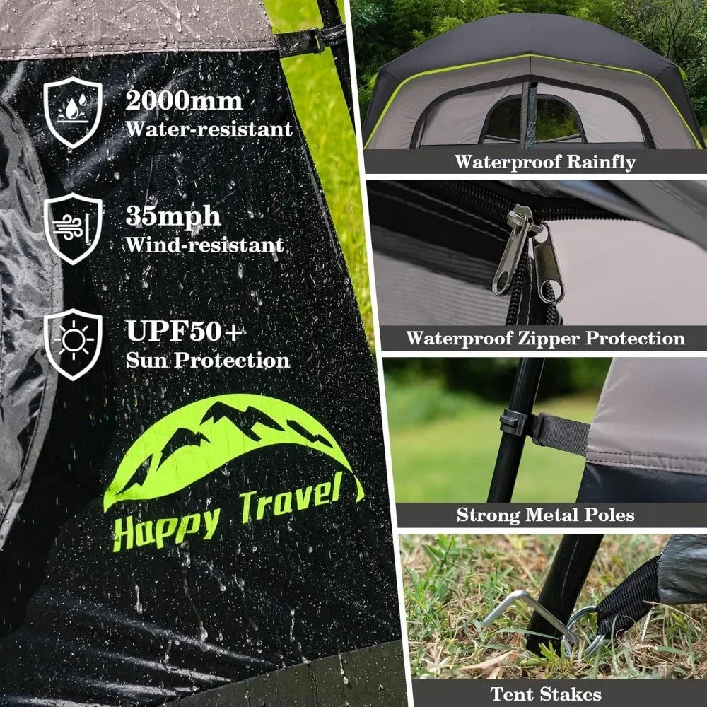 Happy Travel Tent 6 Person Tents for Camping, Waterproof Easy Setup Camping Tent with Rainfly, Portable Large Family Cabin Tent