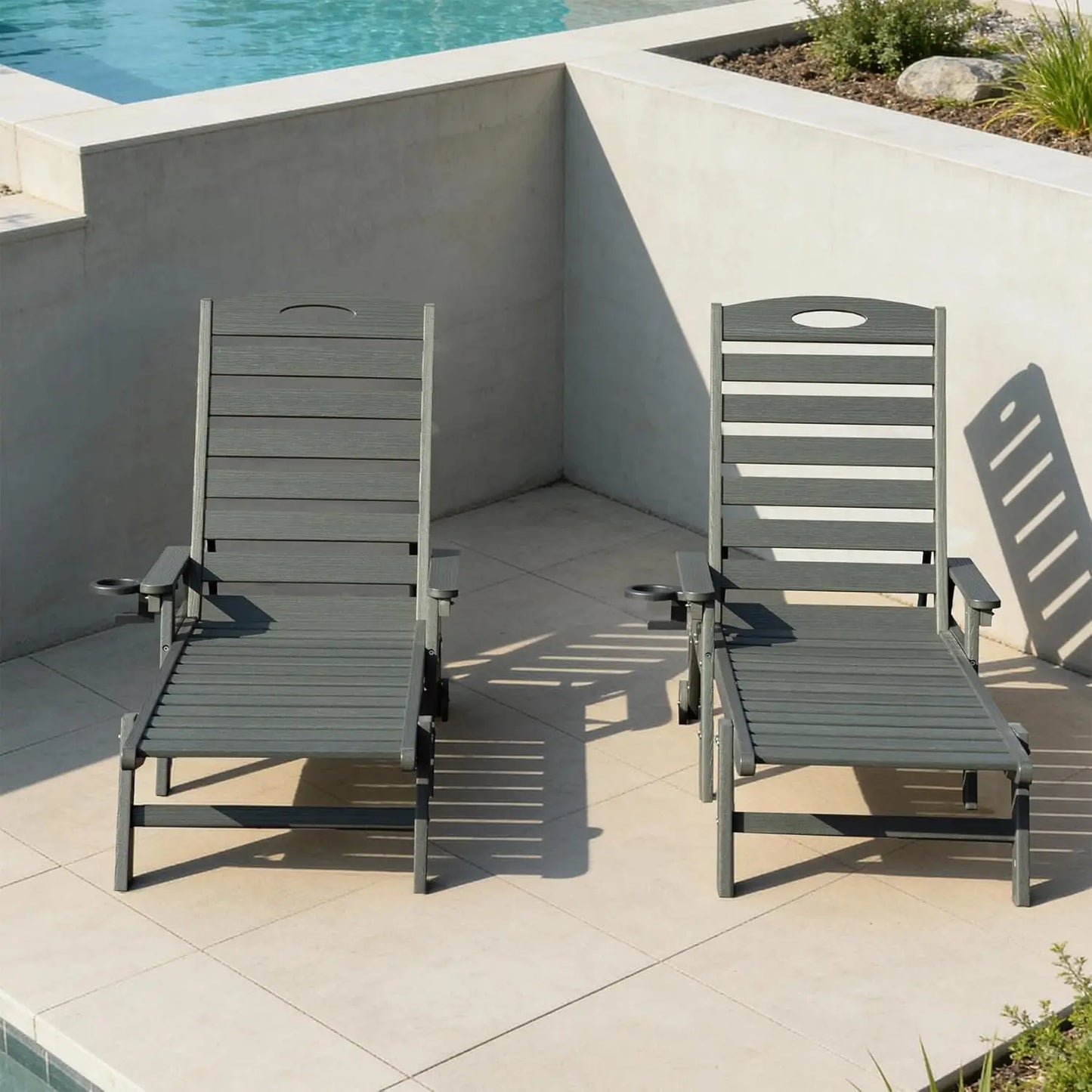 HDPE Outdoor Lounge Chairs Set of 2 Adjustable Pool Chaise Patio Sunbathing Tanning Brown Custom