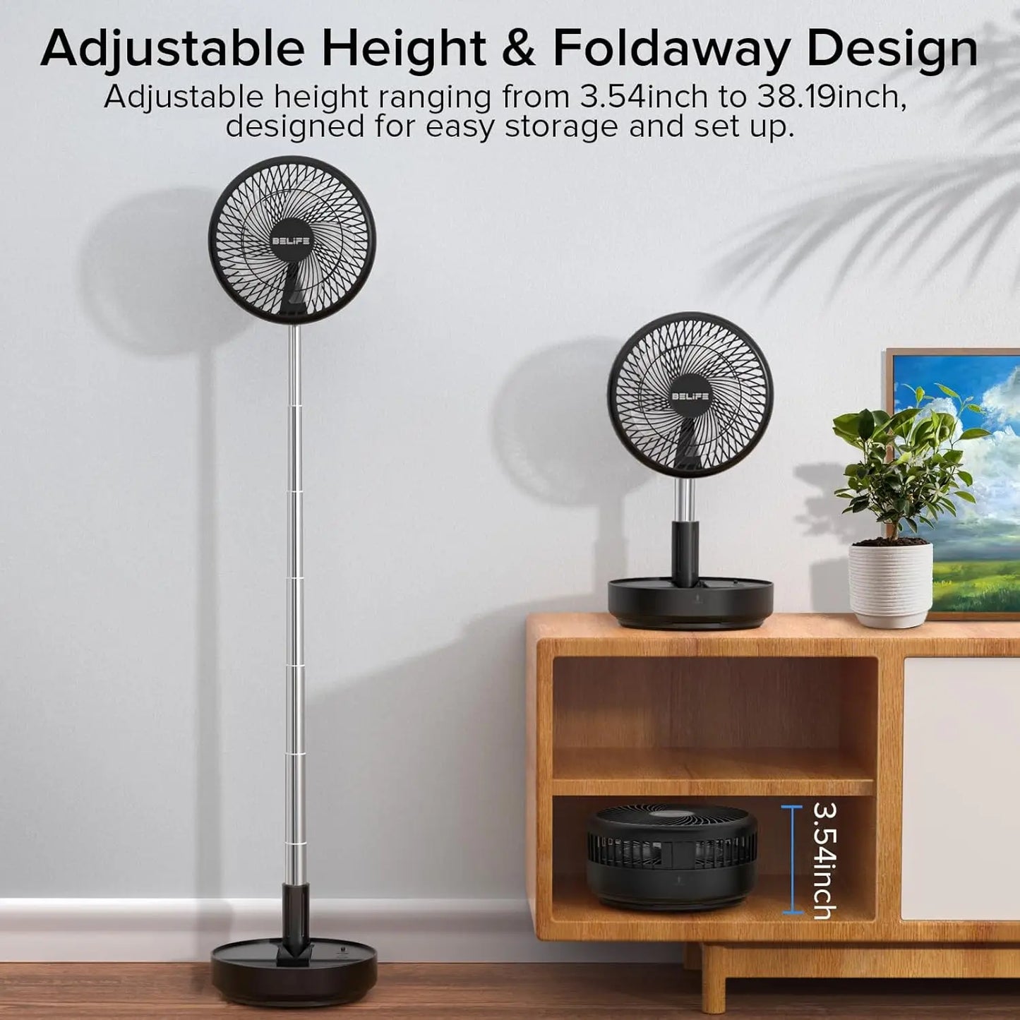 Portable Rechargeable Fan with Remote, 7200mAh Battery, Oscillating & Foldable for Home Office Travel