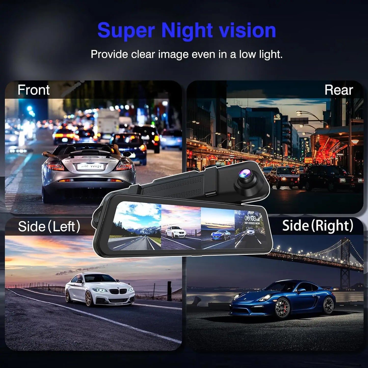 360 Degree View Dash Cam with 4 Channels, Detached Camera for Cars, Front/Rear/Side Recording, 1080Px4, WiFi, Night Vision