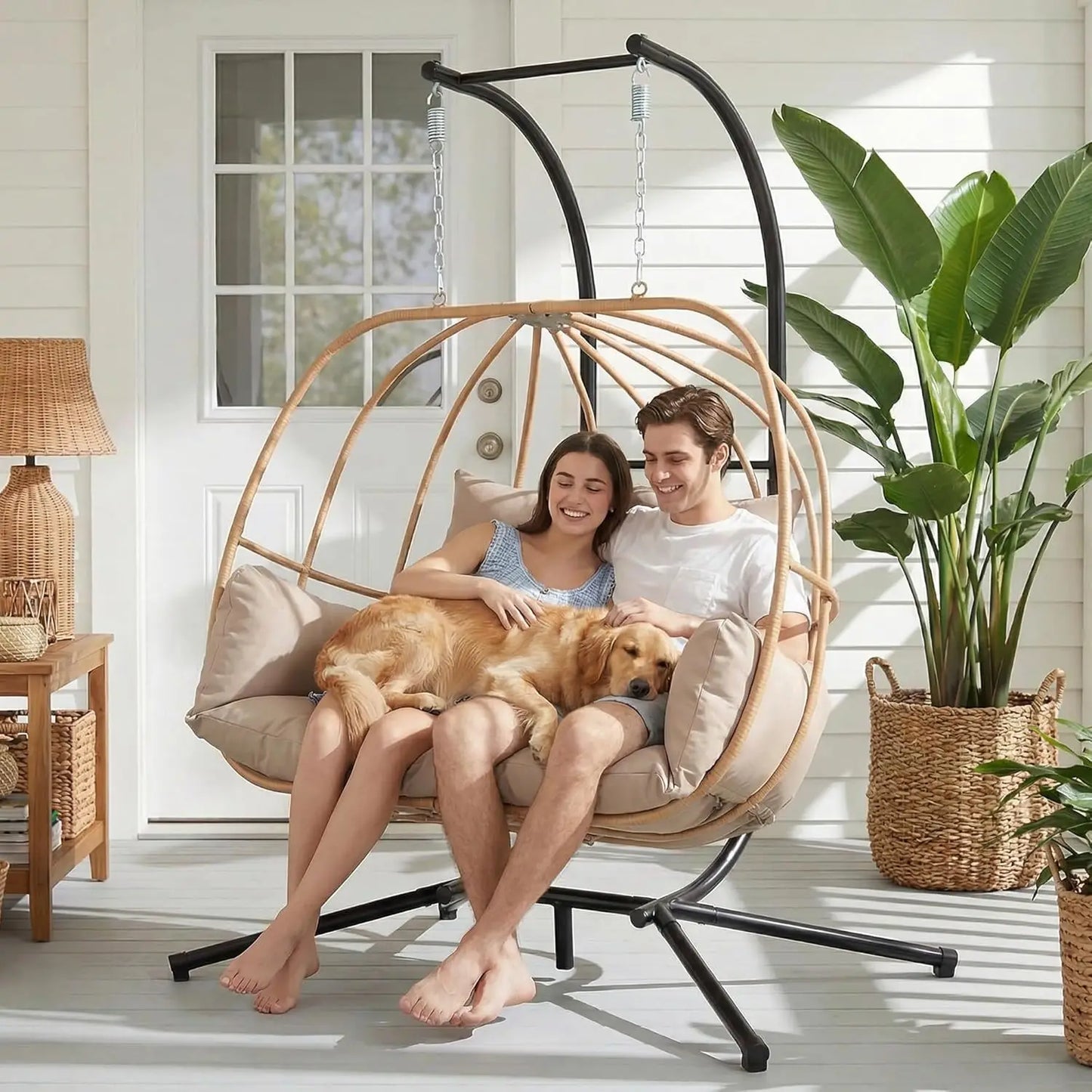 Hanging Chairs with Stand, All Weather Double Egg Chair Outdoor, Metal Hanging Egg Chairs Outdoor, 2 Person, Customized