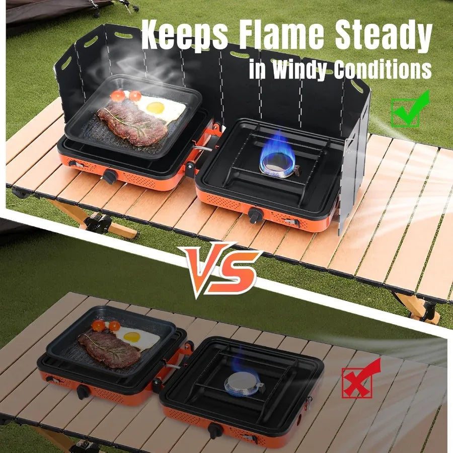 Portable Camping Stove with Windshield 17000 BTU 2 Burner Propane Stove Foldable Camp Stove for Camping Outdoor Cooking RV Trip