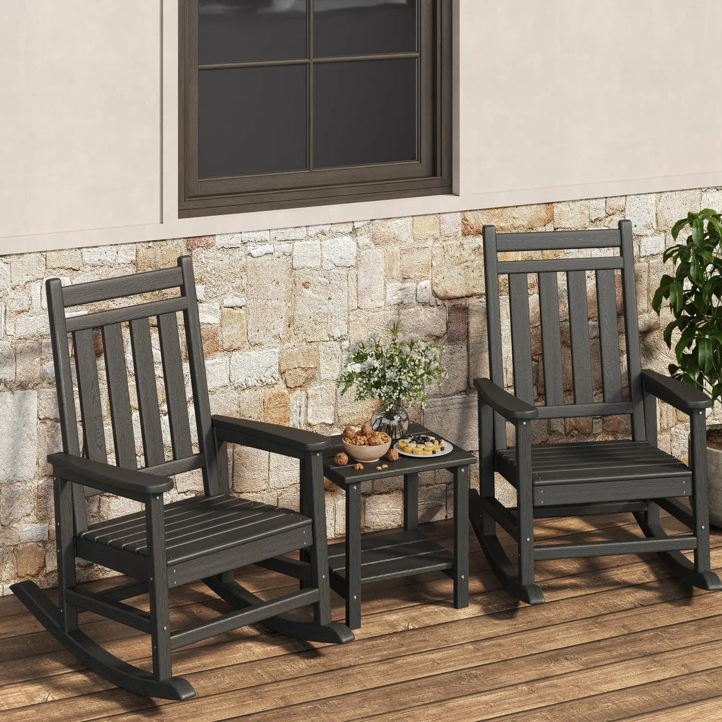 2-Piece Outdoor Poly Lumber Rocking Chair Set With Side Table, HDPE High-Back Adirondack Porch Rockers, All-Weather Resistant
