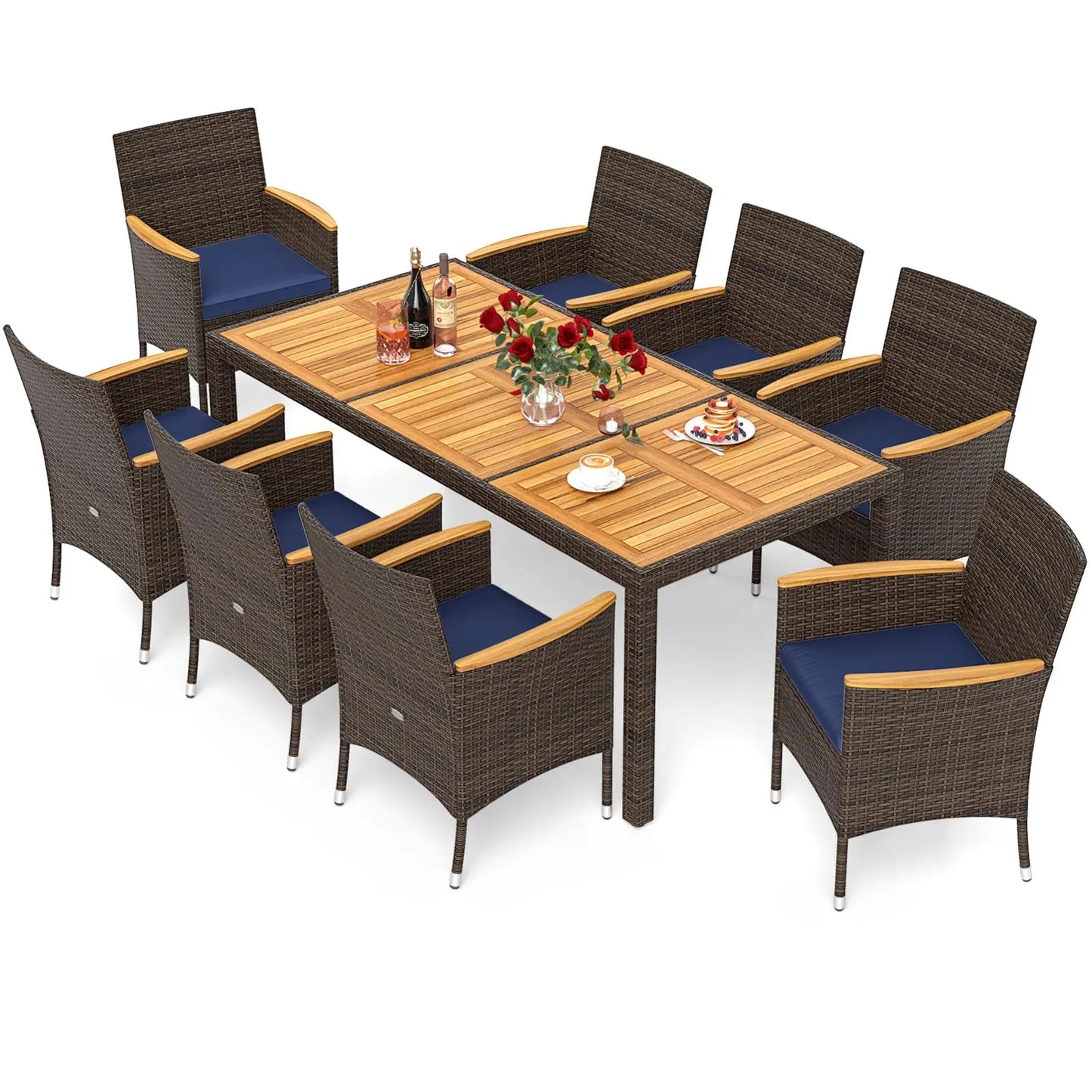 9 Pieces Rattan Outdoor Dining Set for 8,Outdoor Acacia Wood Table Set with 8 Cushioned Wicker Chairs,Patio Dining Furniture Set