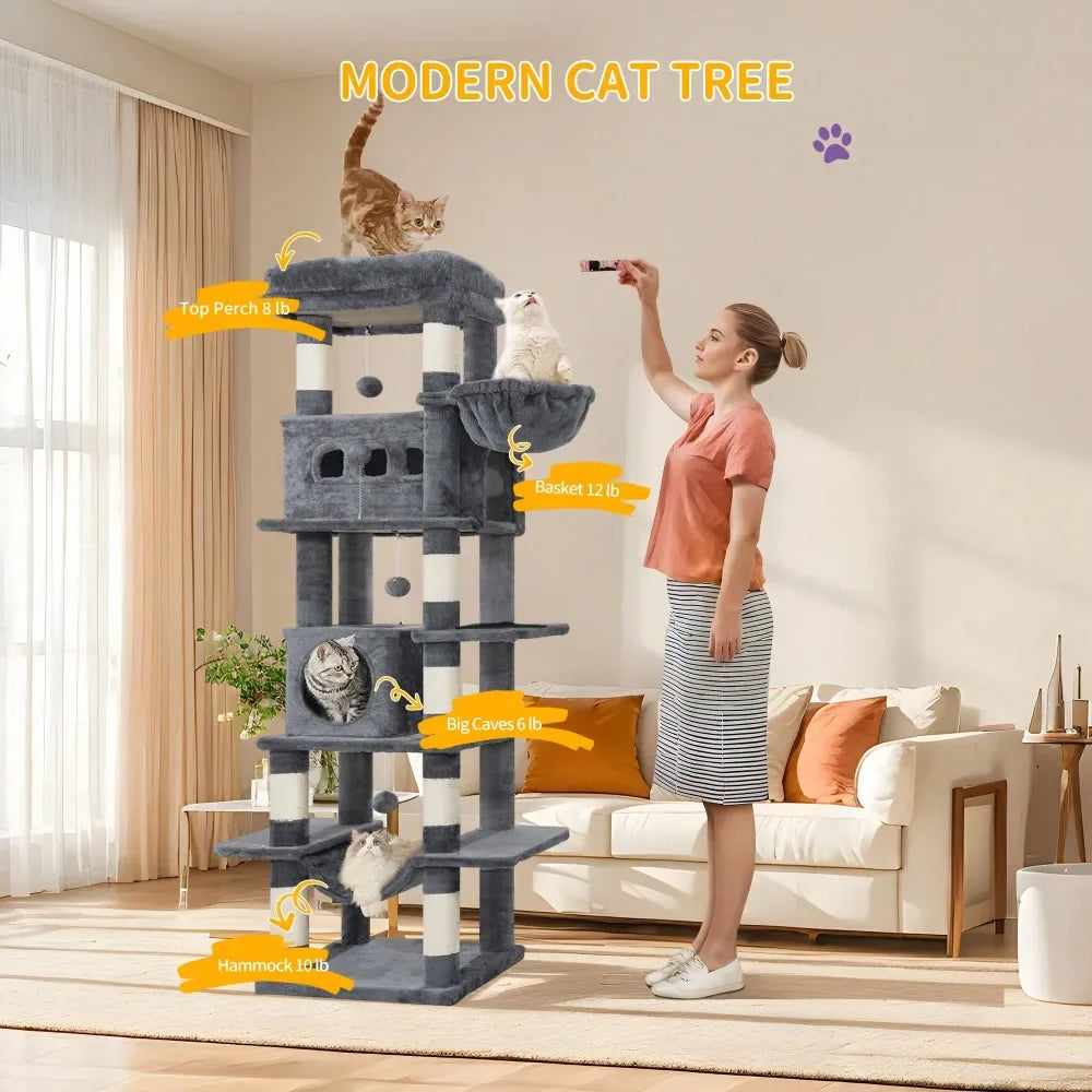 Cat Tree, 67 Large Tall Cat Tower For Indoor Cats, MultiLevel Cats House With Condo, 8 ching Posts, Hammock, 4 Pom Poms, L