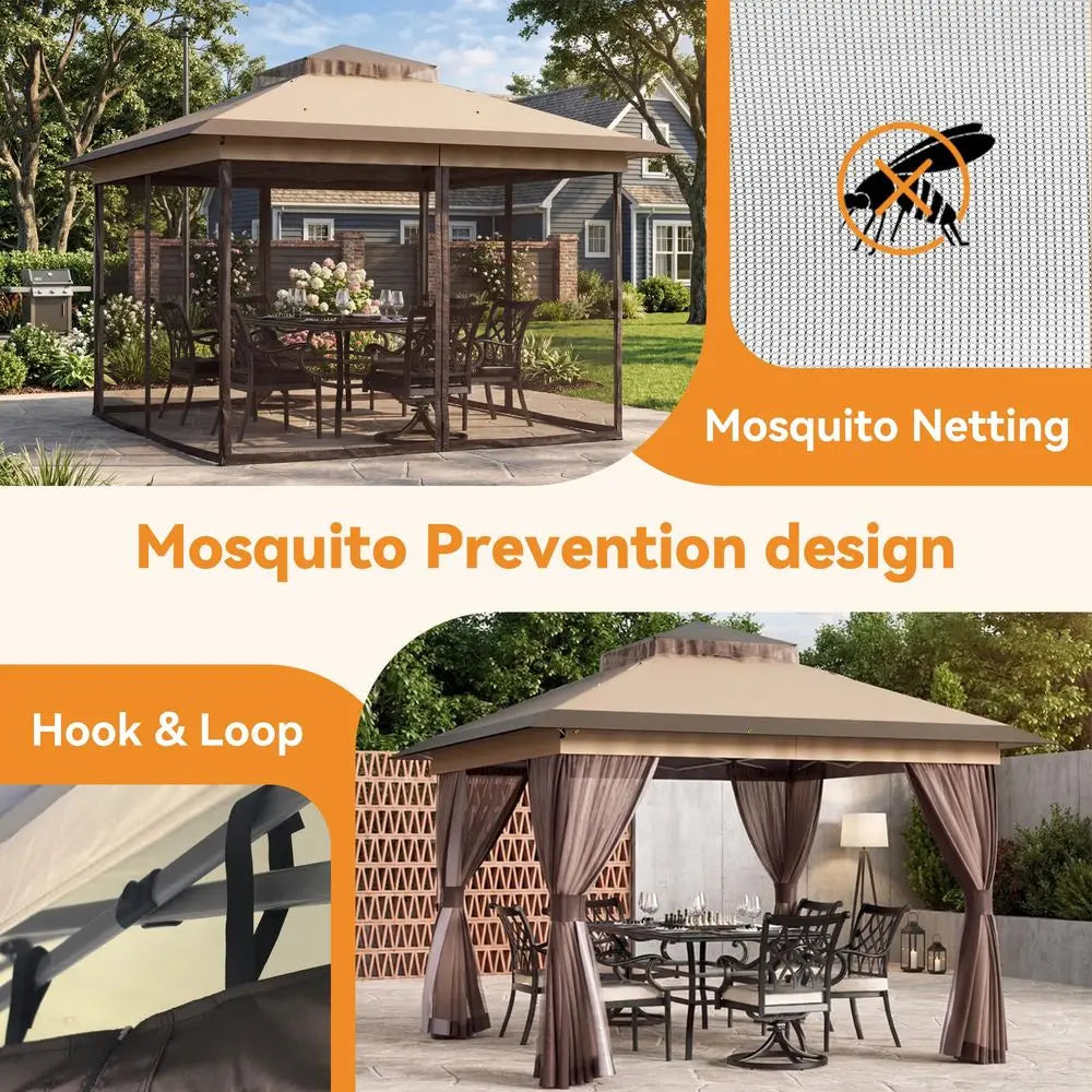 Pop Up Gazebo 11x11 Canopy Tent, Outdoor Gazebo with Double Ventilated Roof, Waterproof UV Protection Pop Up Canopy with Mosqui