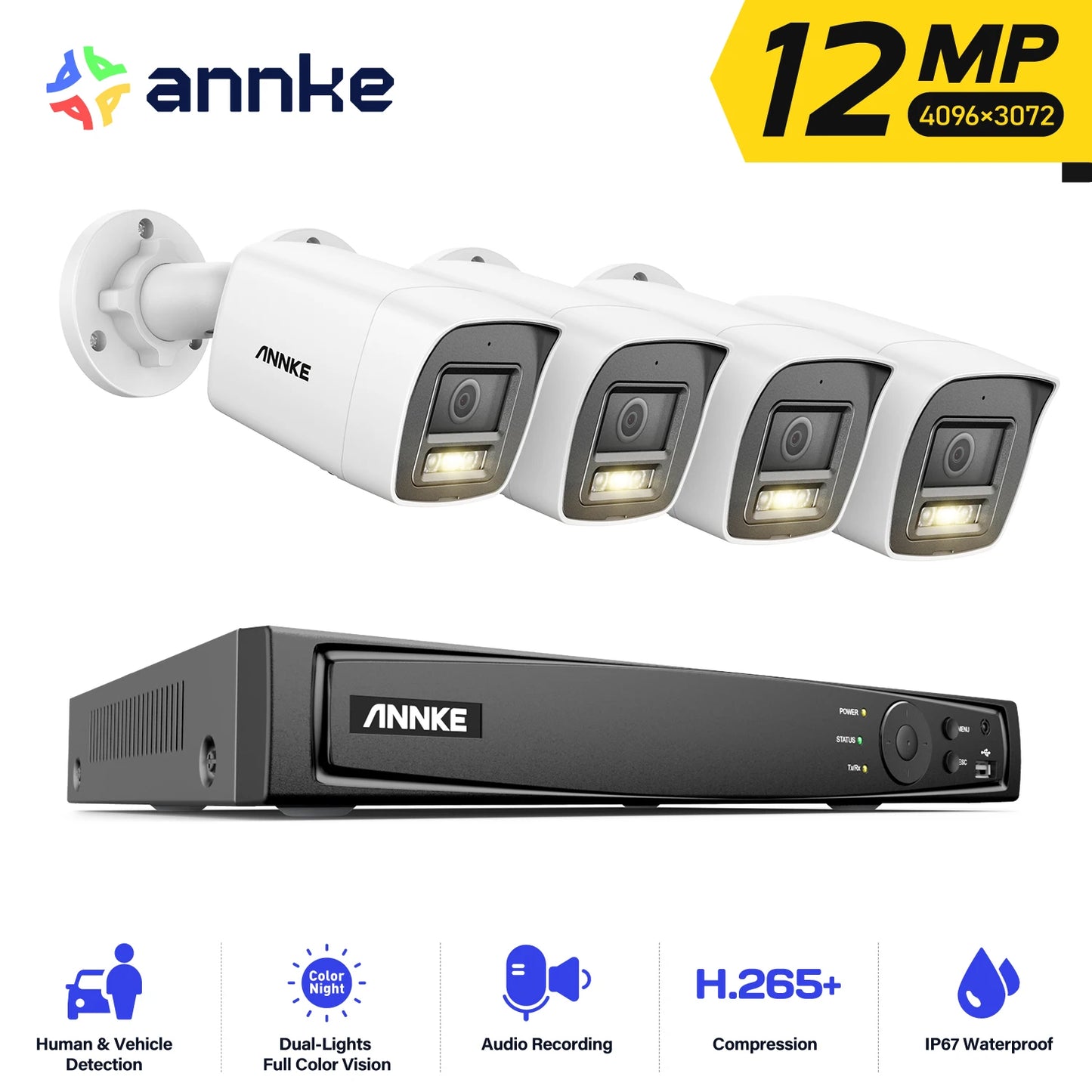 ANNKE H1200 12MP Dual Light Outdoor Surveillance Camera System 2.8MM Lens Person/Vehicle Detection 265+ 12MP PoE Camera Kits