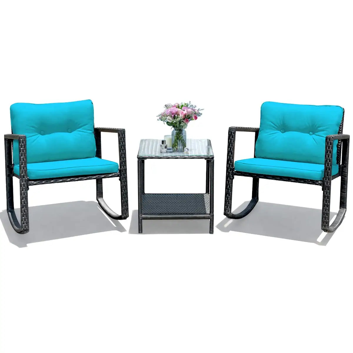 3 Pieces Patio Wicker Rocking Set, Outdoor Rocking Chairs and Table Set with Cushions, Glass Coffee Table with, Customized