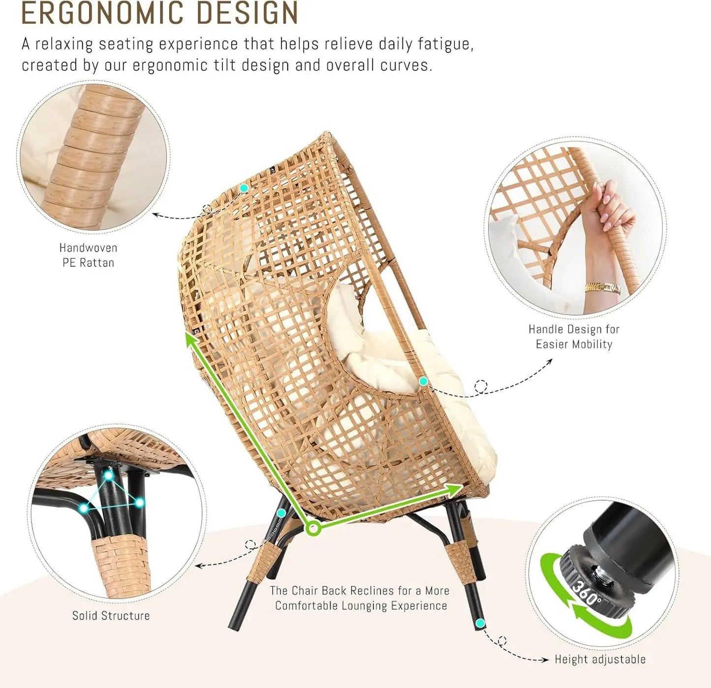 Egg Chair with Footrest, Wicker Patio Lounger with Ottoman, Oversized Rattan Egg Shaped Chair with Leg for Indoor Outdoor