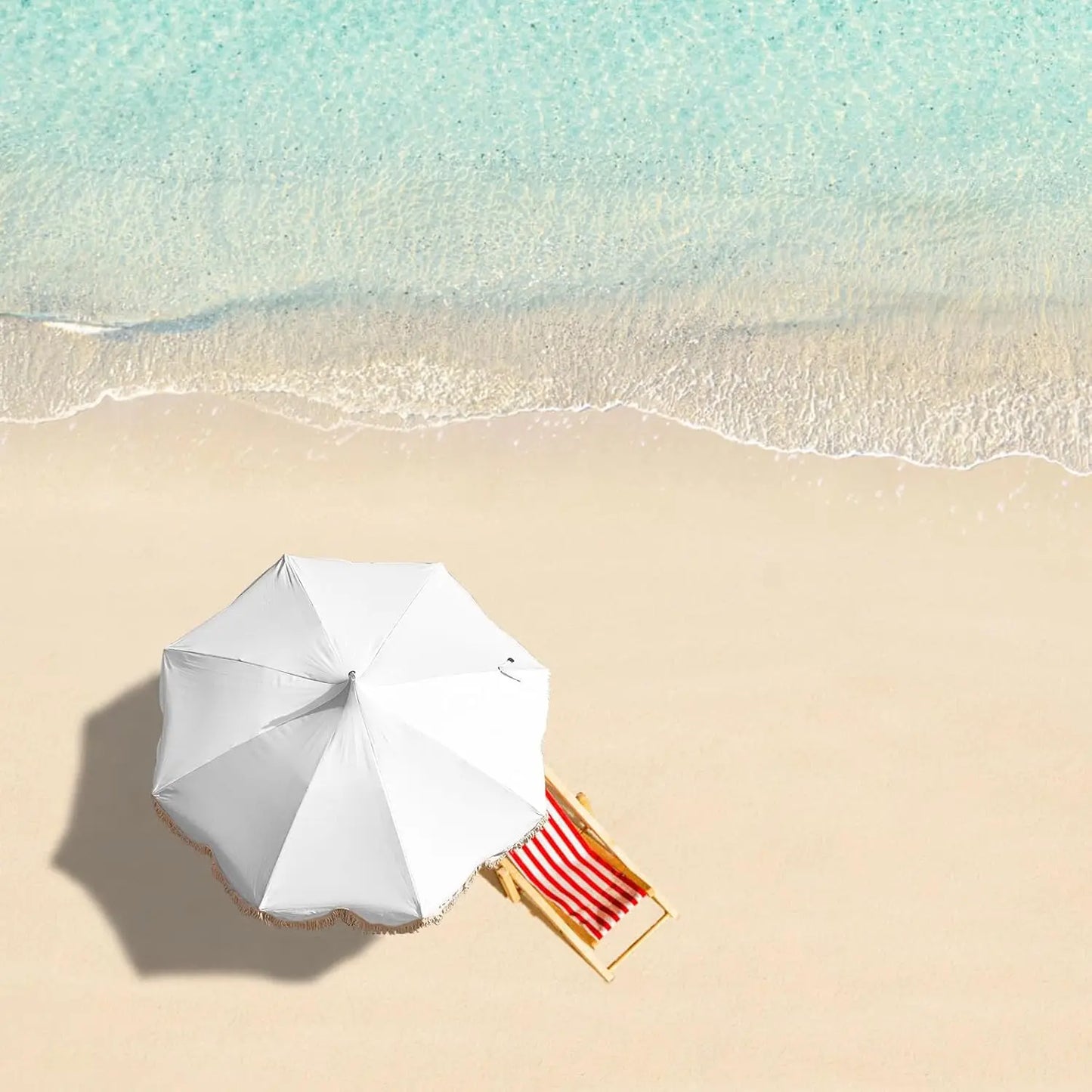 6.5ft Boho Beach Umbrella with Fringe, UPF 50+ Foldable Wood Pole and Carry Bag for Outdoor Use