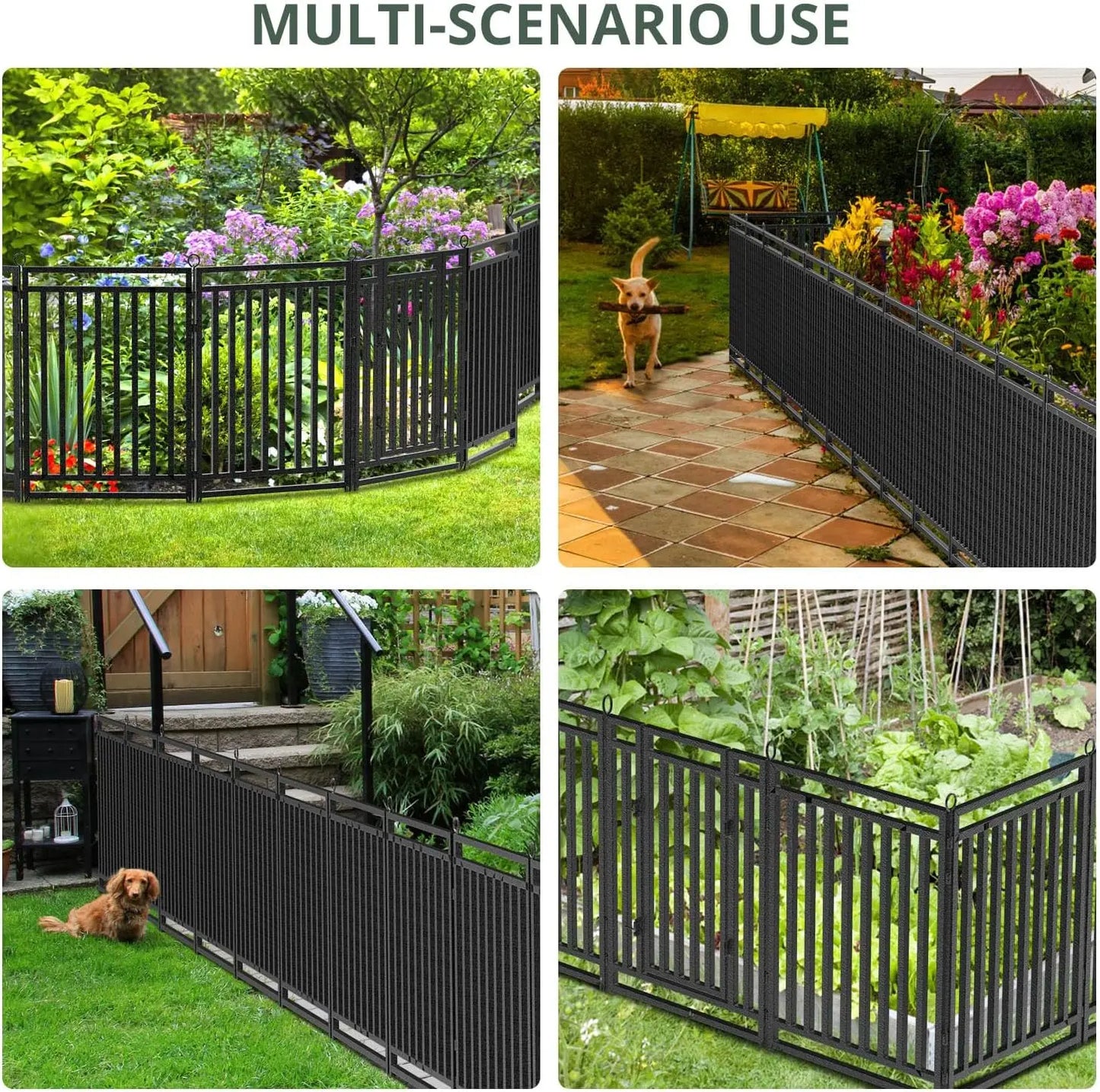 Decorative Garden Fence Metal Dog Fence Outdoor for Yard, 36ft (L) × 40in (H), 14 Panels + 2 Gates,Black-Silver