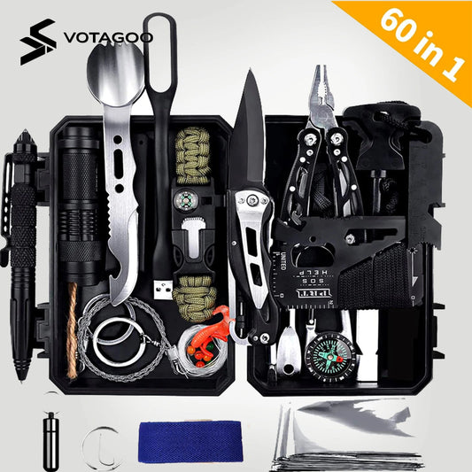 Emergency Survival Gear Kits 60 in 1, Outdoor Survival Tool with Emergency Bracelet Whistle Flashlight Pliers Pen Wire Saw