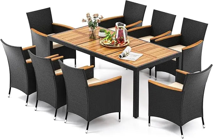 9 Pieces Rattan Outdoor Dining Set for 8,Outdoor Acacia Wood Table Set with 8 Cushioned Wicker Chairs,Patio Dining Furniture Set