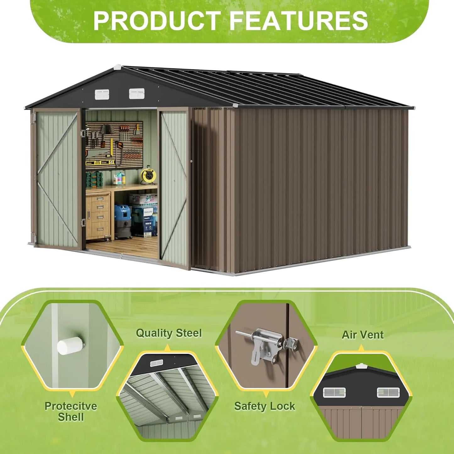 10 x 10 FT Outdoor Storage Shed, Large Metal Garden Shed & Tool Sheds for Backyard Garden Patio Lawn (Brown)