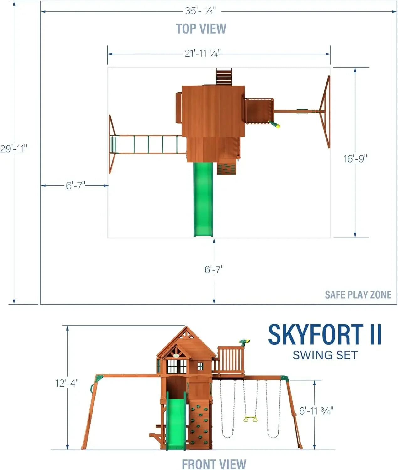 II Cedar Wood Swing Set with Wave Slide, Raised Clubhouse, Crow's Nest, Monkey Bars, Balcony, Belt Swings, Trapeze, Rock