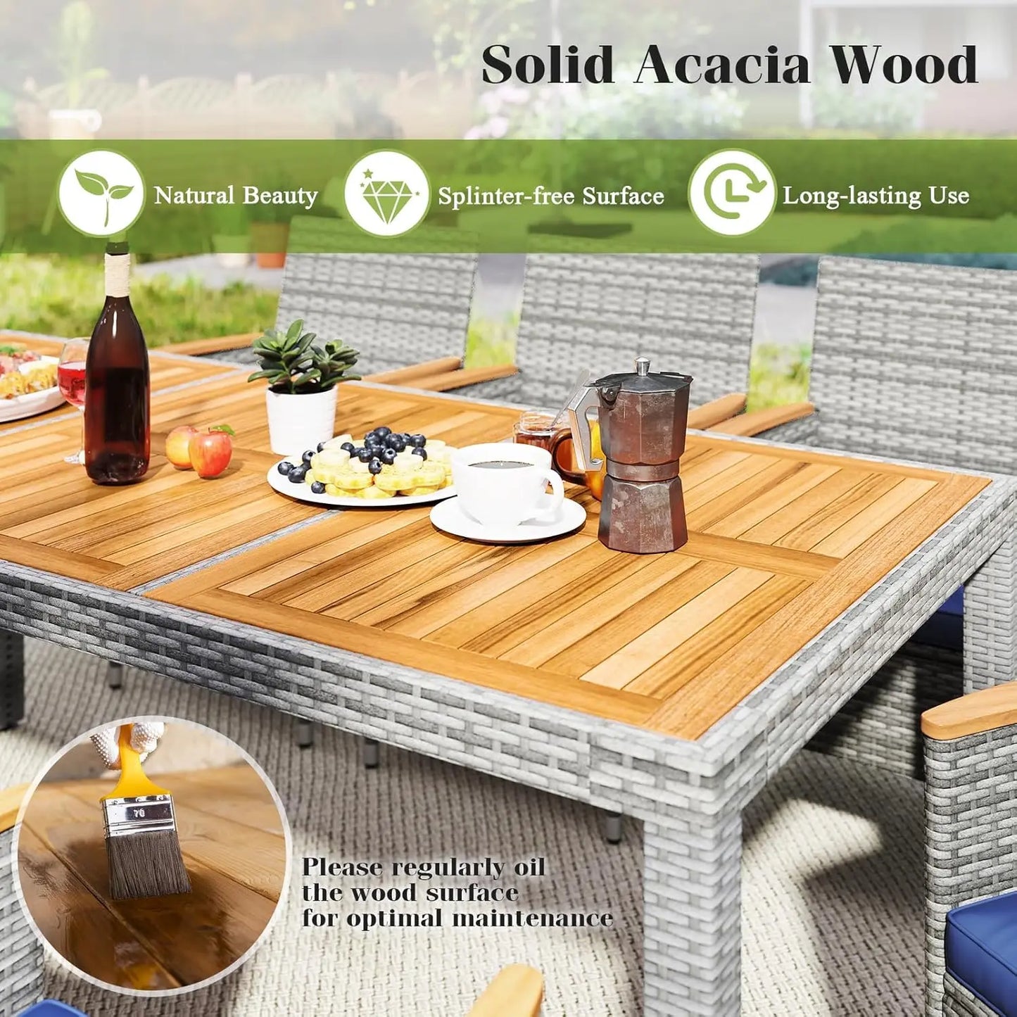 9 Pieces Rattan Outdoor Dining Set for 8,Outdoor Acacia Wood Table Set with 8 Cushioned Wicker Chairs,Patio Dining Furniture Set
