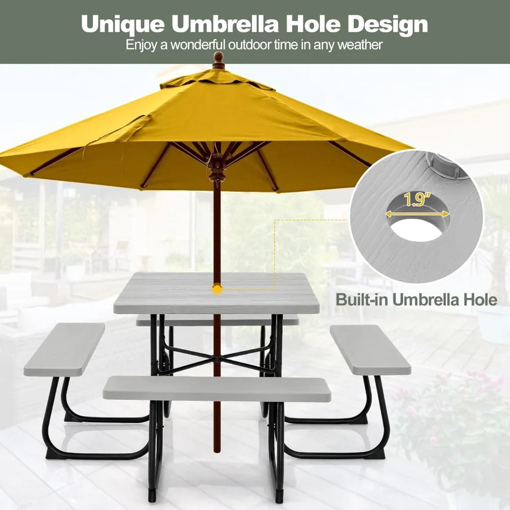 Tangkula 8 Person Picnic Table, Outdoor Square Picnic Table with 4 Built-in Benches, Umbrella Hole, Metal Frame & HDPE Tabletop,