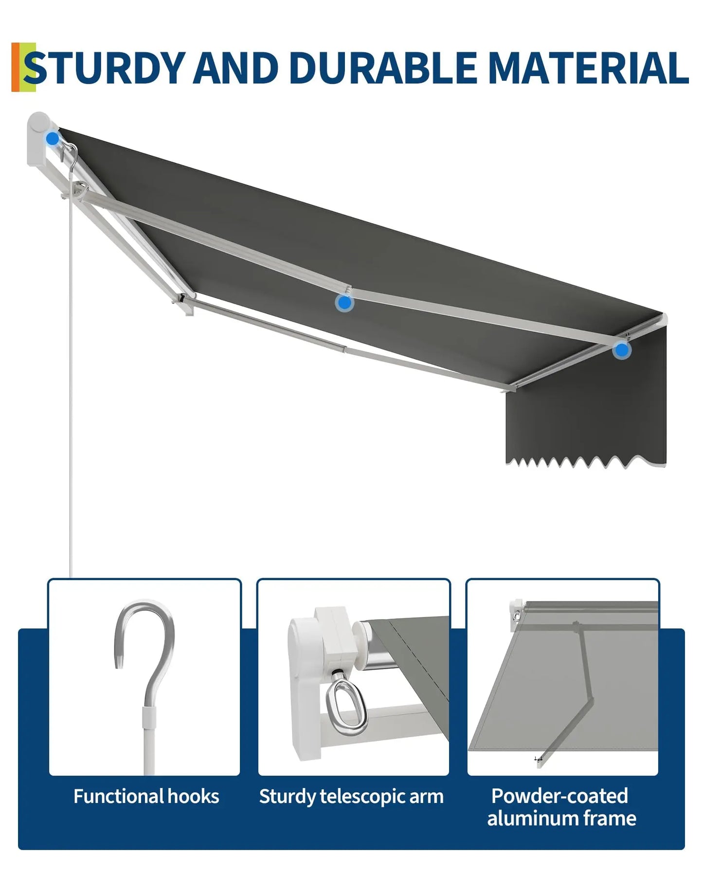10x8Ft/13x10Ft Manual Retractable Patio Awning, Heavy Duty Aluminum Frame With Waterproof & UV Protection Fabric For Deck Porch