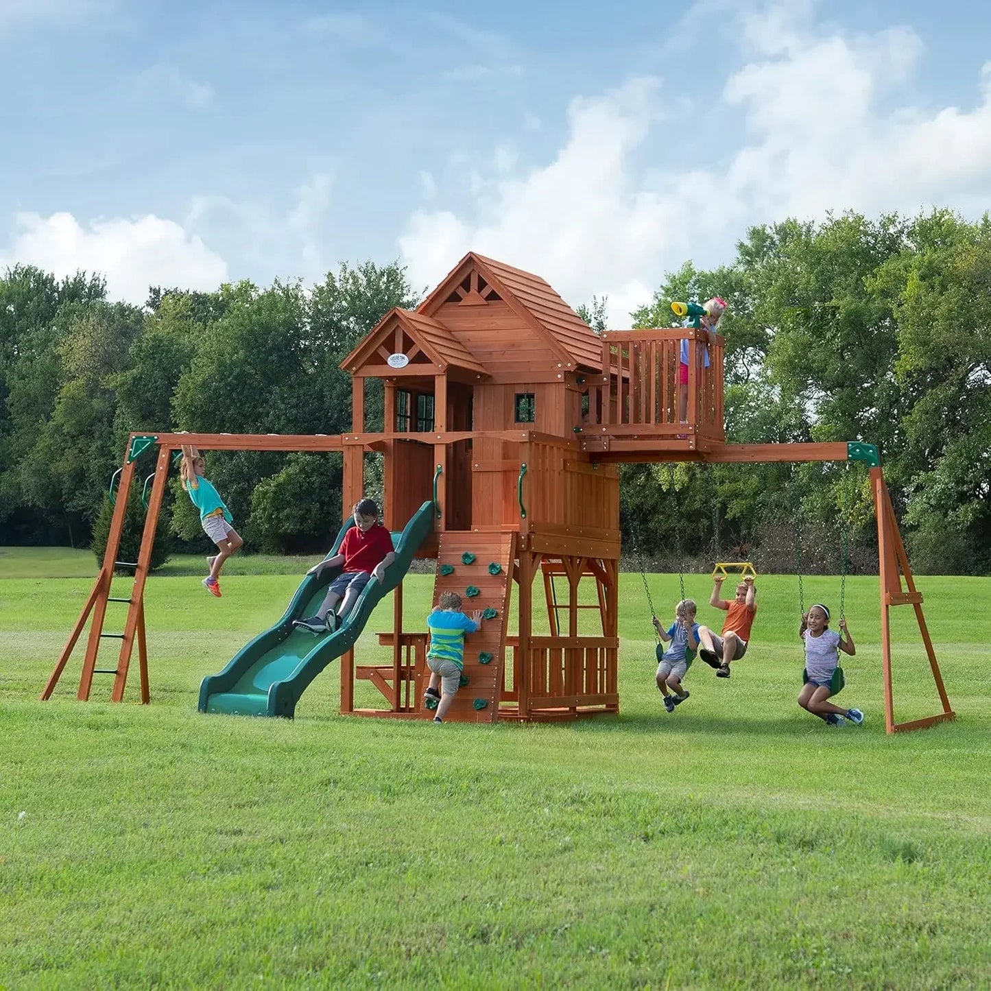 II Cedar Wood Swing Set with Wave Slide, Raised Clubhouse, Crow's Nest, Monkey Bars, Balcony, Belt Swings, Trapeze, Rock