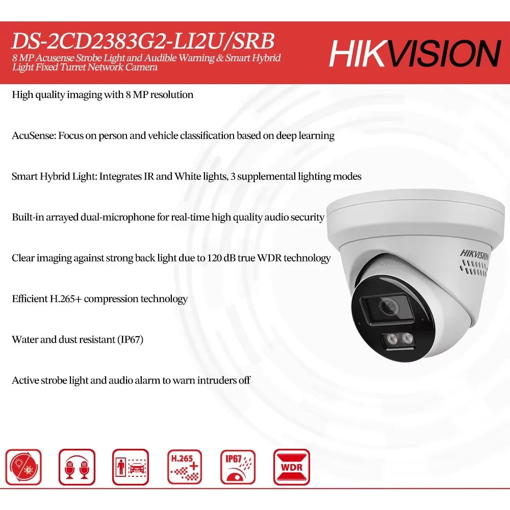 Hikvision 4K 8MP IP Camera DS-2CD2383G2-LI2U/SRB Smart Hybrid Light Arrayed Mic Speaker Turret Acusense Red Blue Light Warning