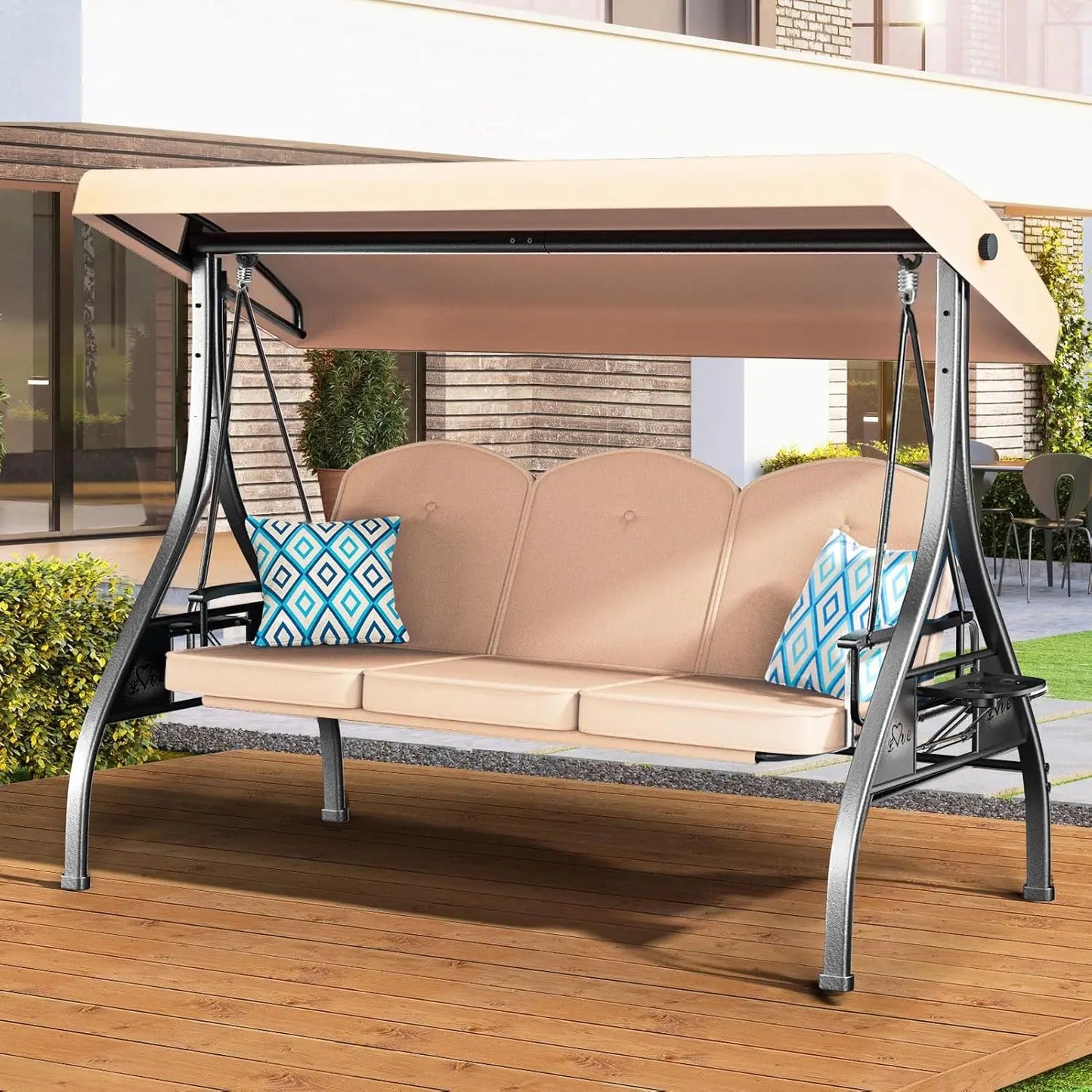 3 Seat Outdoor Patio Swing with Stand 800lbs Capacity 2-in-1 Convertible Swing Bed Adjustable Canopy Removable Customized Porch