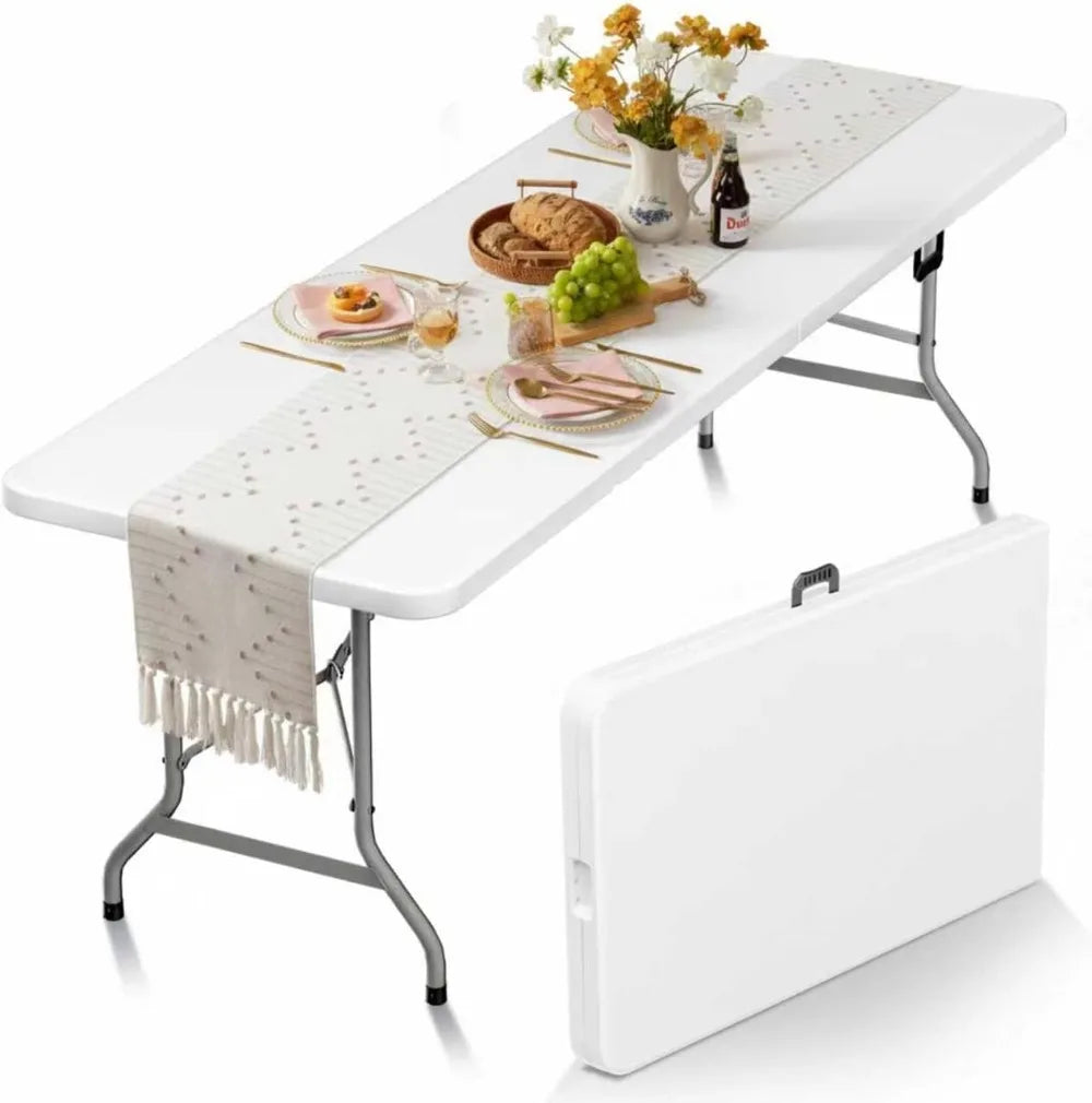 8ft Folding Picnic Table with Safety Locks, Portable Camping Table for Outdoor Party and Indoor Dining