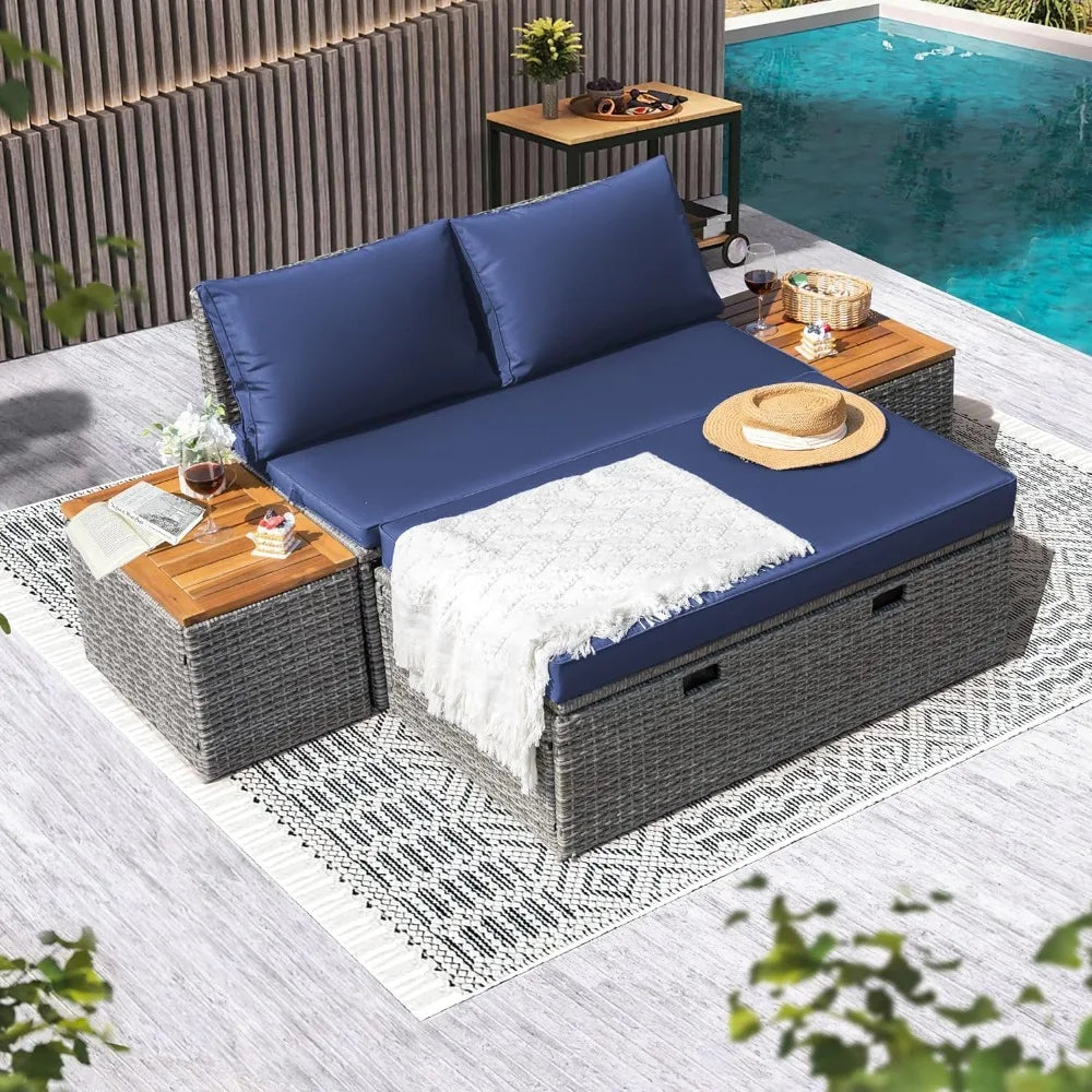 Patio Day Bed Outdoor Daybed Set Multifunctional Rattan Lounge Bed with 2 Side Tables for Backyard Porch Poolside Lawn Beach (N