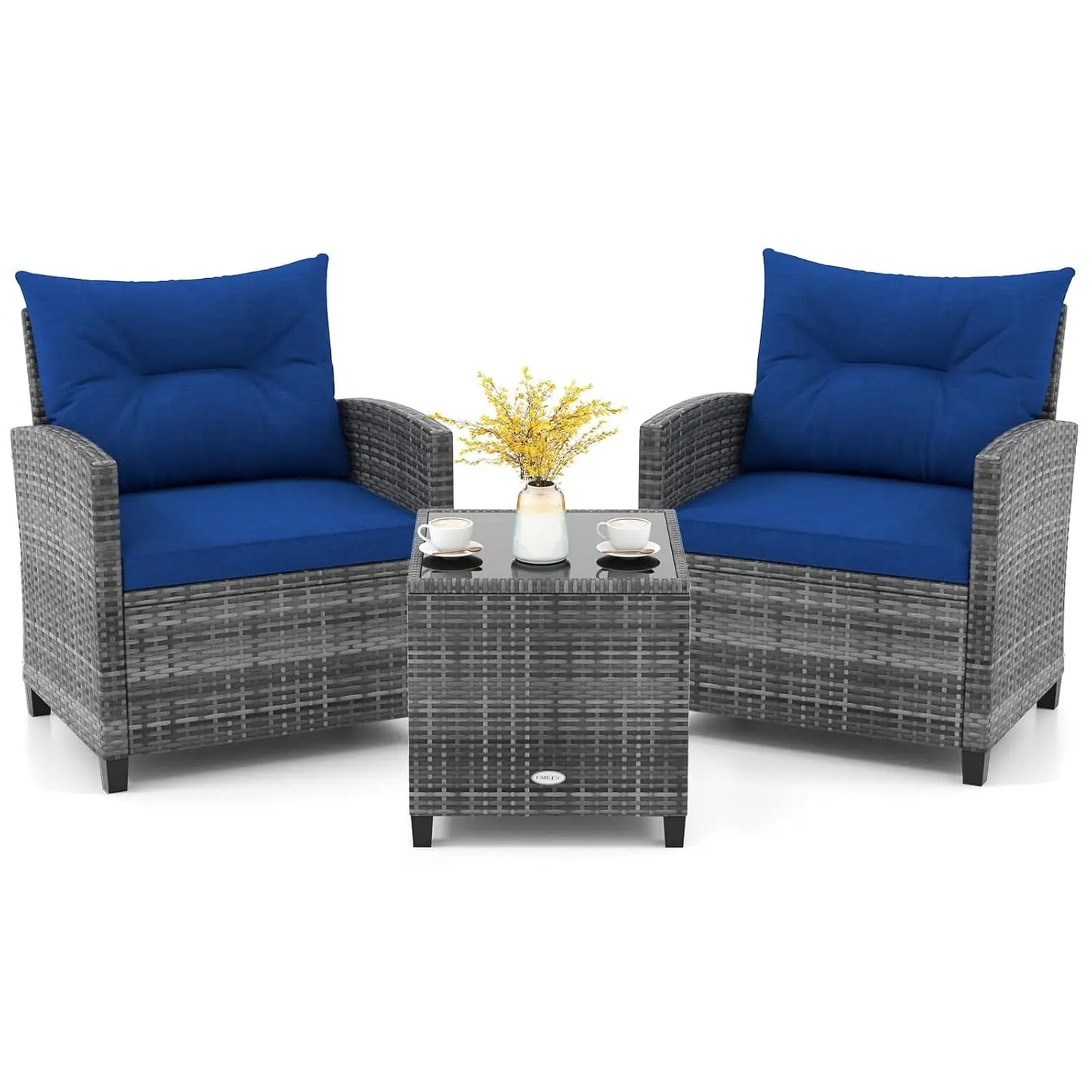 3 Piece Patio Furniture Set, Outdoor PE Rattan Conversation Set with Washable Cushions & Tempered Glass Tabletop,, Customized