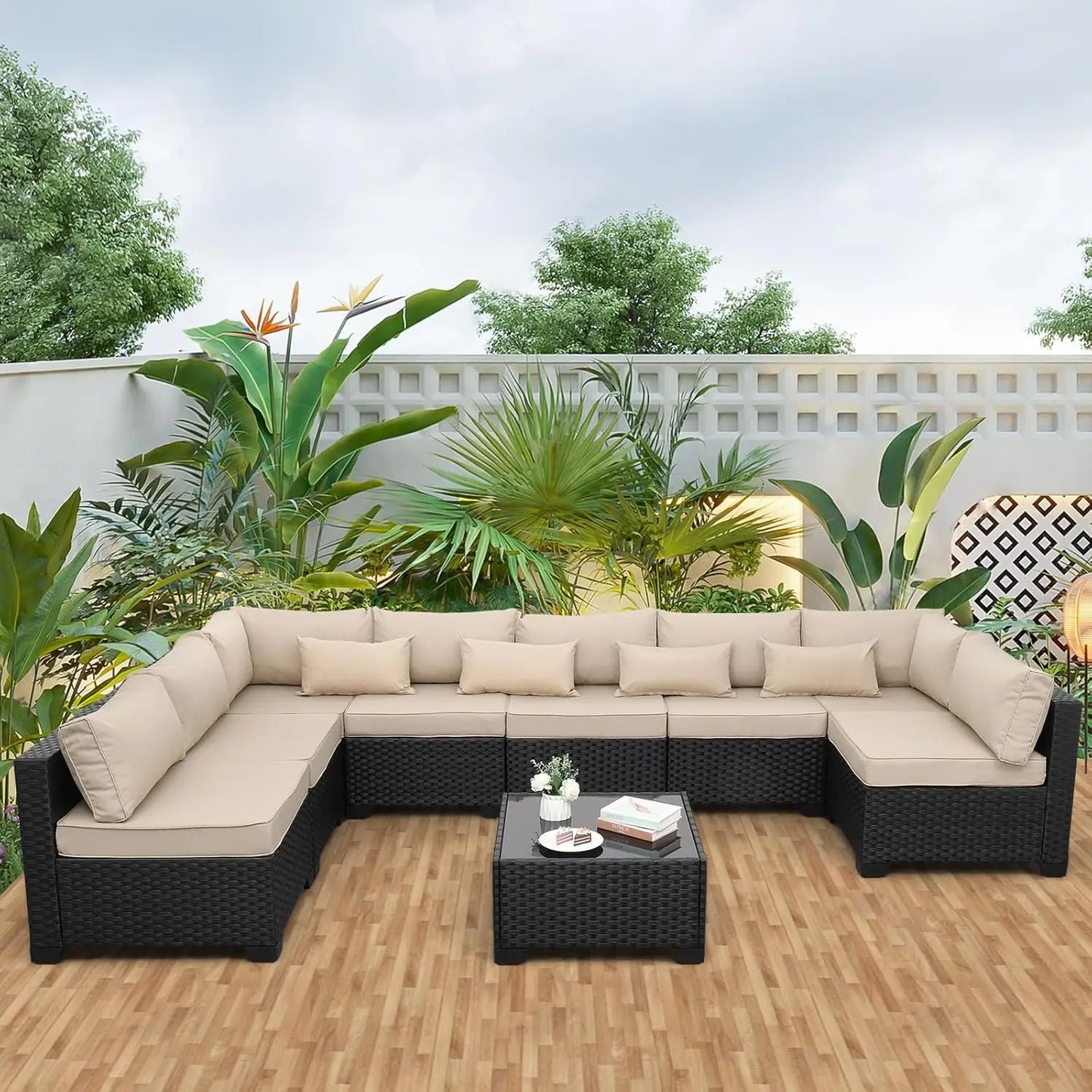 9 Pieces Outdoor Sectional All-Weather Wicker Patio Furniture Set Patio Sectional and Glass Patio Table Non-Slip Cushions