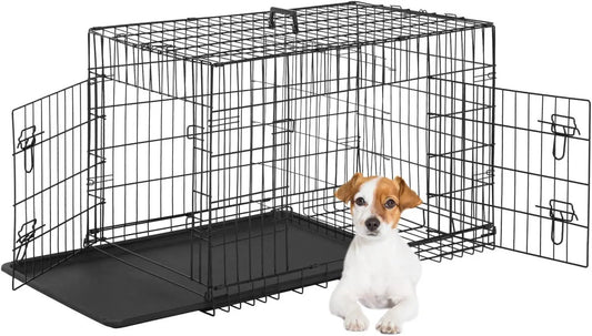 24 Inch Folding Metal Dog Crate for Small Pets, Double Door Indoor Outdoor Kennel with Leak-Proof Tray