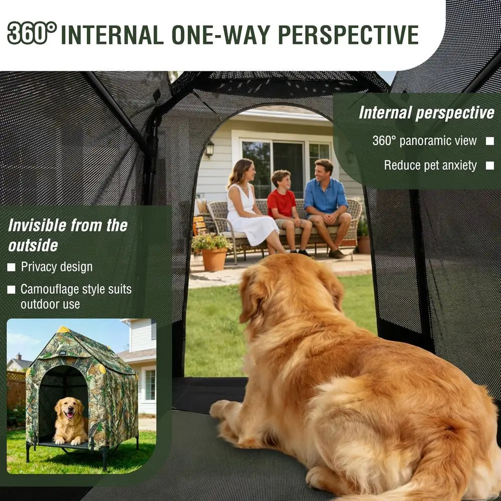 42" Camoulage Canvas Outdoor Dog House Weatherproo,360° Visibility and Breathable Design,2-in-1 Dog Shade Shelter or Large Breed