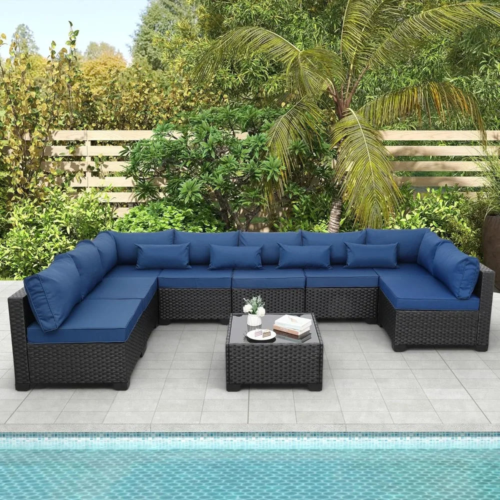 9 Pieces Outdoor Sectional All-Weather Wicker Patio Furniture Set Patio Sectional and Glass Patio Table Non-Slip Cushions