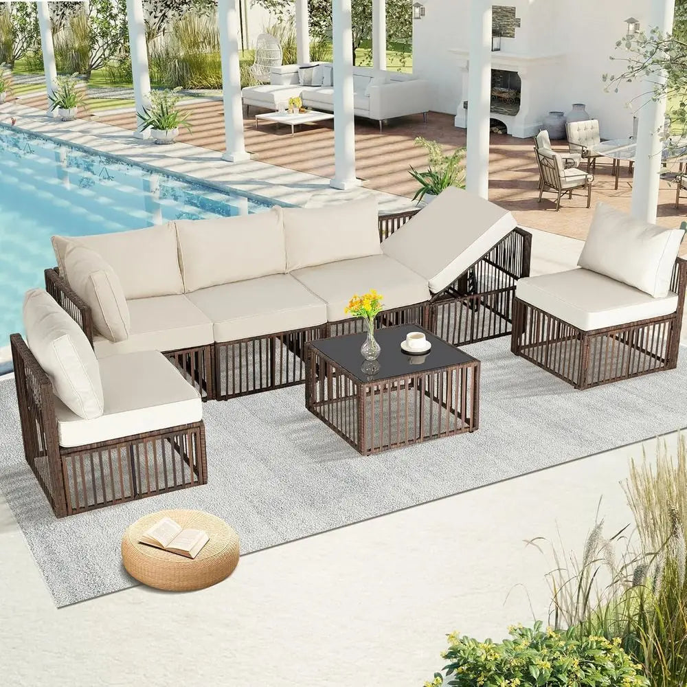7-Piece Wicker Outdoor Patio Sectional Sofa Set with Cushions for Garden, Porch, Poolside - Brown/Beige