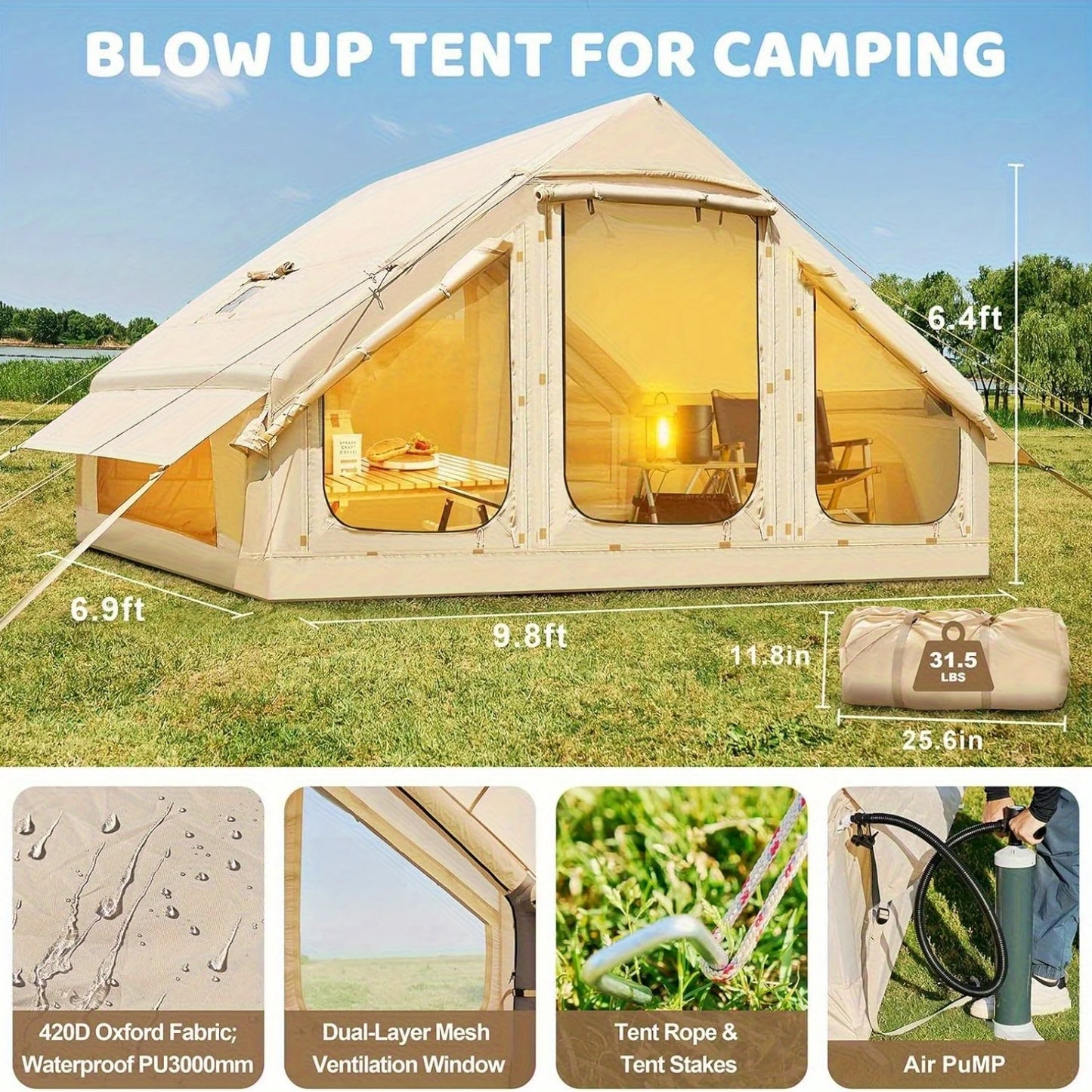 Inflatable camping tent with skylight and stove opening - Quick assembly, all-season inflatable tent, waterproof oxford fabric 1