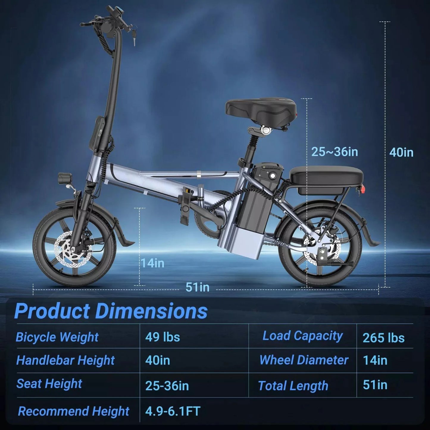 14'' Foldable Electric Bike 500W Motor 48V 10.4AH Battery 22MPH Max Speed 28Miles Long Range with Two Seats for Adult