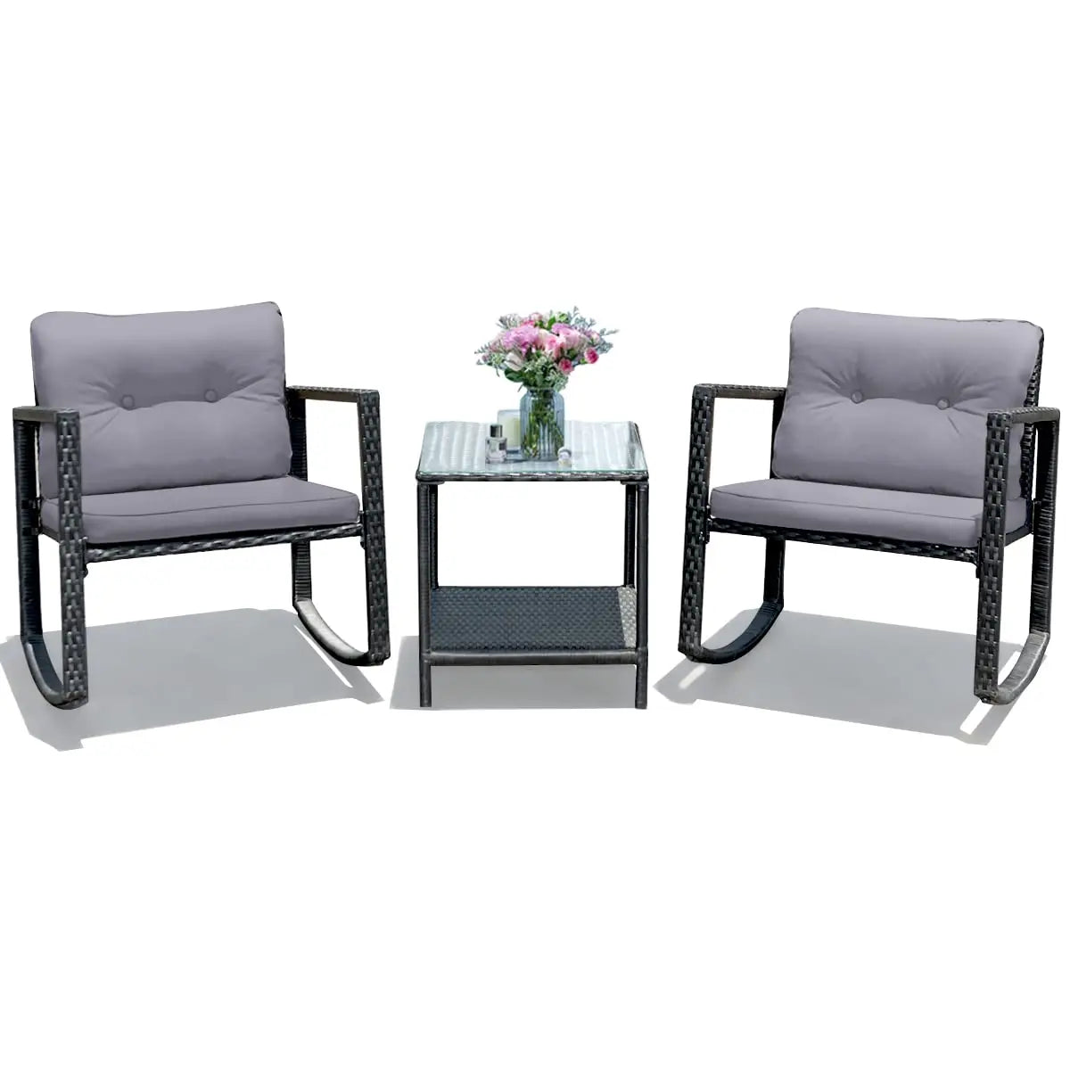 3 Pieces Patio Wicker Rocking Set, Outdoor Rocking Chairs and Table Set with Cushions, Glass Coffee Table with, Customized