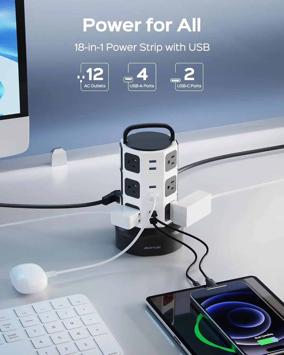 10ft Retractable Power Strip Tower with 13A 12 Outlets & 6 USB Ports Surge Protector for Home Office