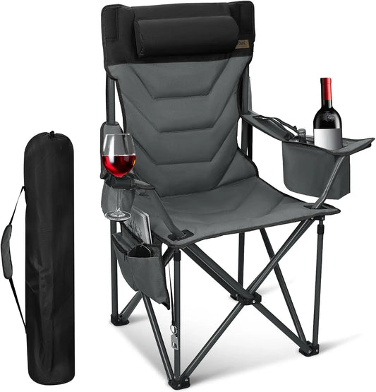 Oversized High-Back Camping Chair with Pillow, Cup Holders & Cooler Bag - Foldable Outdoor Chair for Adults, Picnic, Fishing
