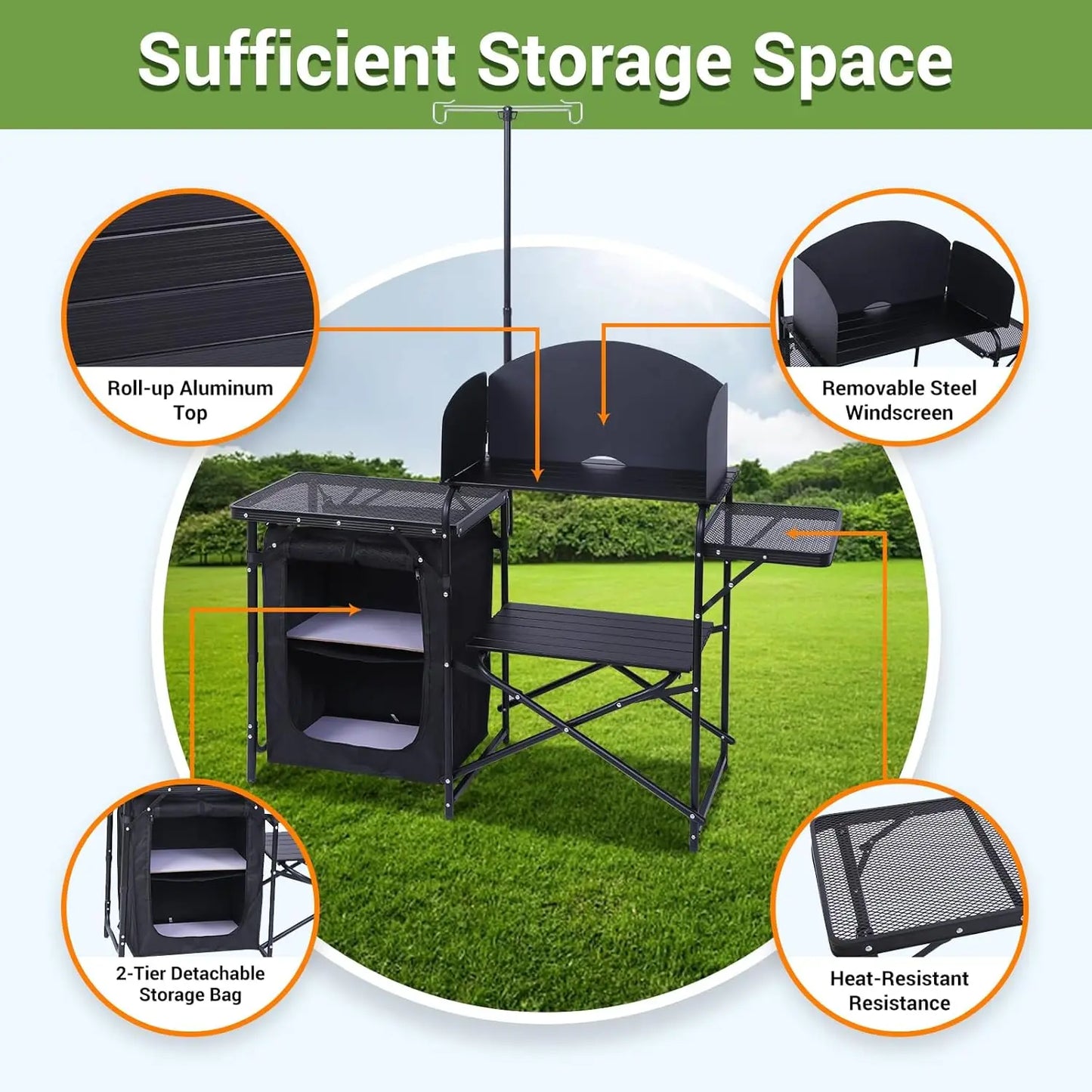 Portable Camping Kitchen Station with Light Stand & Windshield, Folding Table Organizers for Beach Picnic Outdoor Cooking