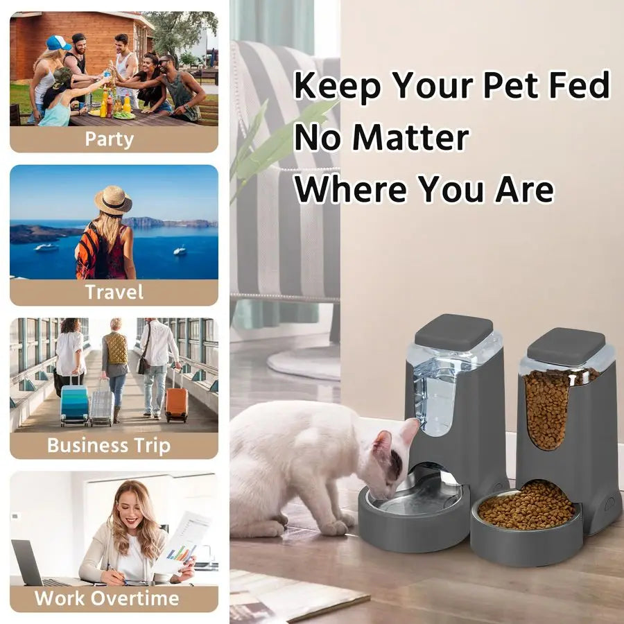2 Pack Automatic Cat Feeder and Stainless Steel Water Dispenser, Gravity Dog Waterer Set Food Feeder and Waterer Set for Small