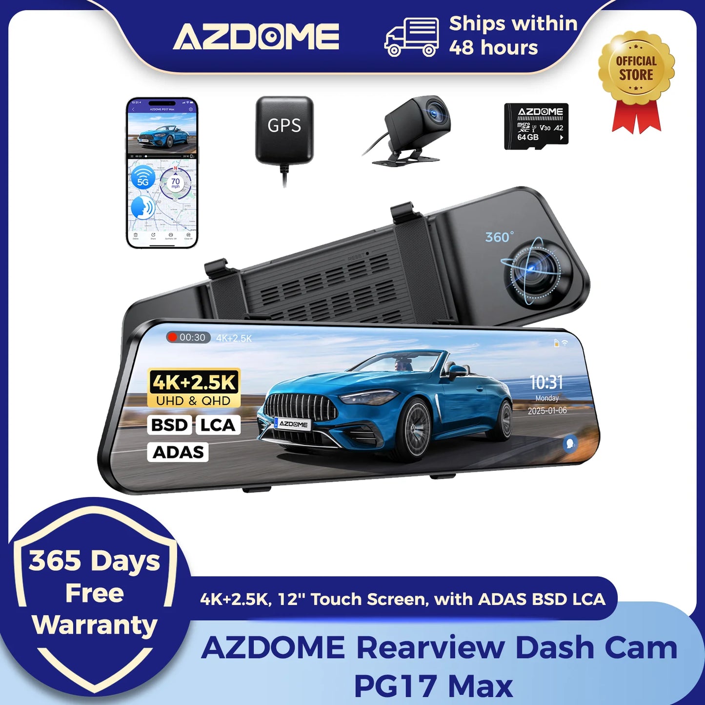 AZDOME PG17 Max 4K+2.5K Rearview Dash Cam 12'' Touch Screen Mirror Dash Cam with ADAS BSD LCA Car DVR Loop Recording 24H Parking