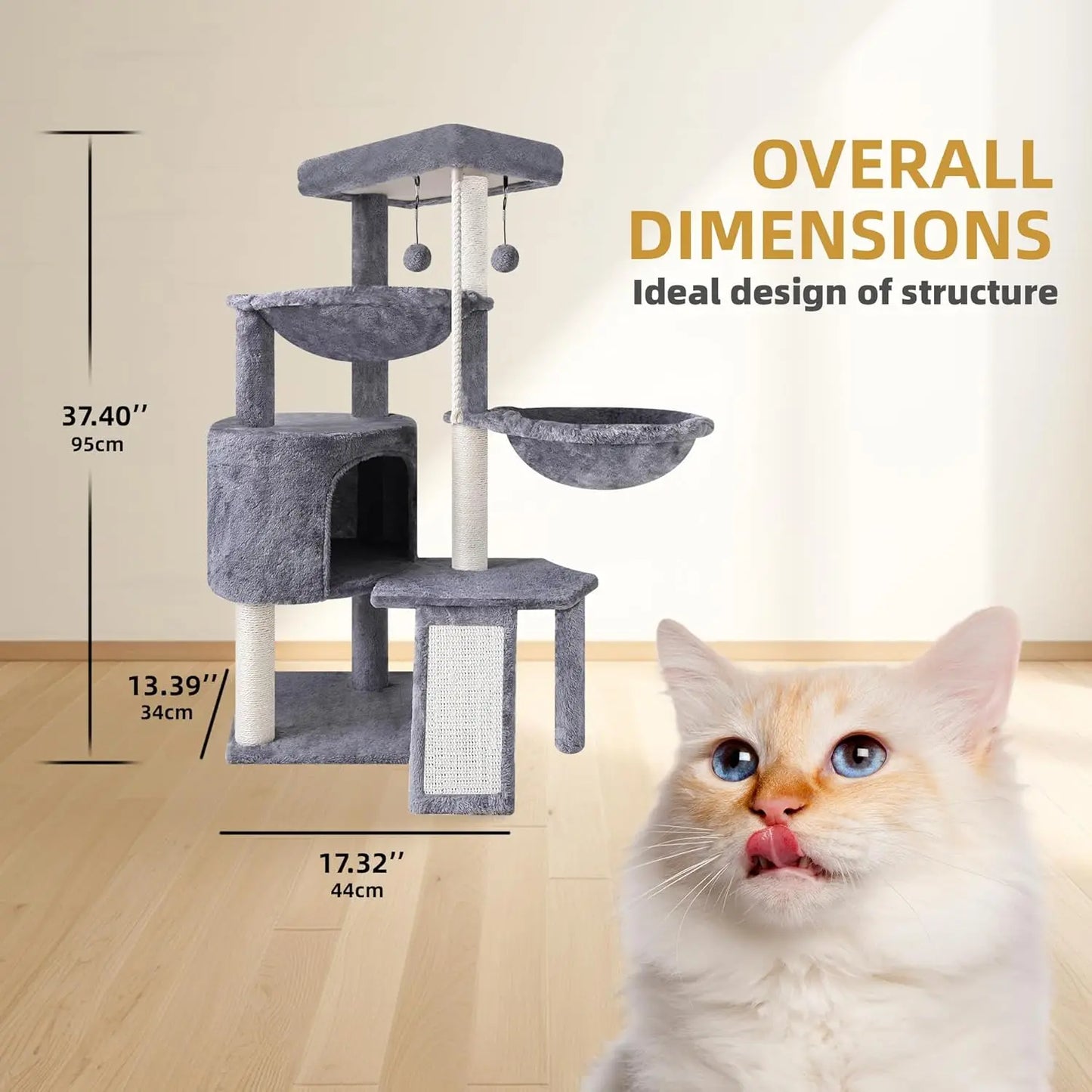 Three-Tier Cat Tree with Condo and Hammocks, Gray - Durable Faux Fur & Sisal Posts for Play and Rest