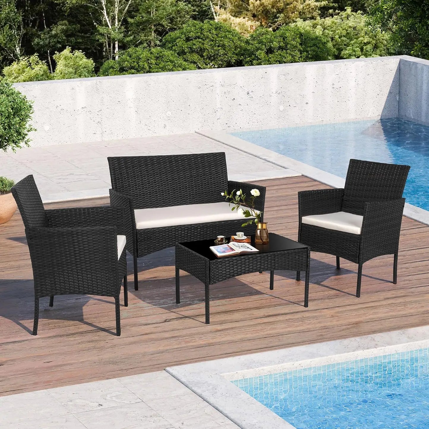 4 Piece Outdoor Patio Furniture Sets, Small Wicker Patio Conversation Furniture Rattan Chair Set with Tempered Glass Coffee Tabl