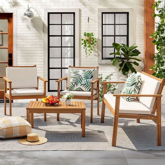 Patio Furniture 4 Piece Outdoor Acacia Wood Patio Conversation Sofa Set with Table amp Cushions Porch Furniture for Deck, Balco