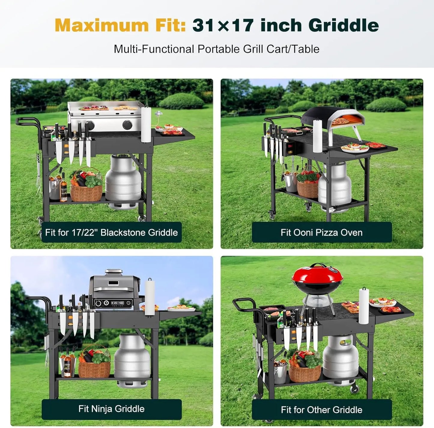 Portable Folding Grill Cart with Wheels, 440lbs Capacity, Universal Outdoor Cooking Table for BBQ and Camping