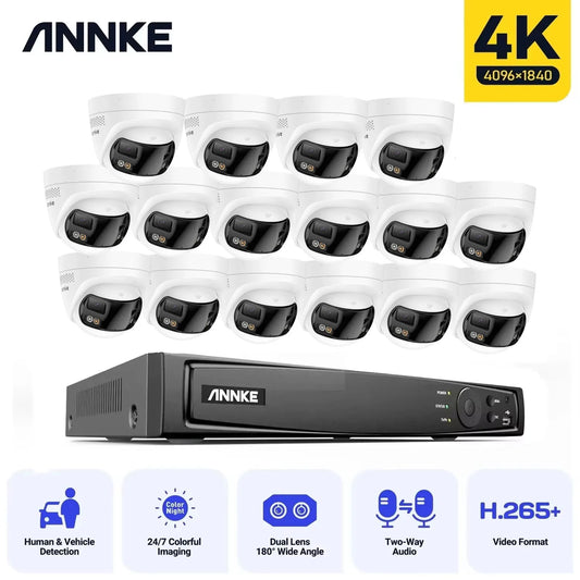 ANNKE 16CH NVR 8MP Dual Lens POE IP Camera Full Color Night Vision 180 Degree Security Camera Outdoor Video Surveillance System